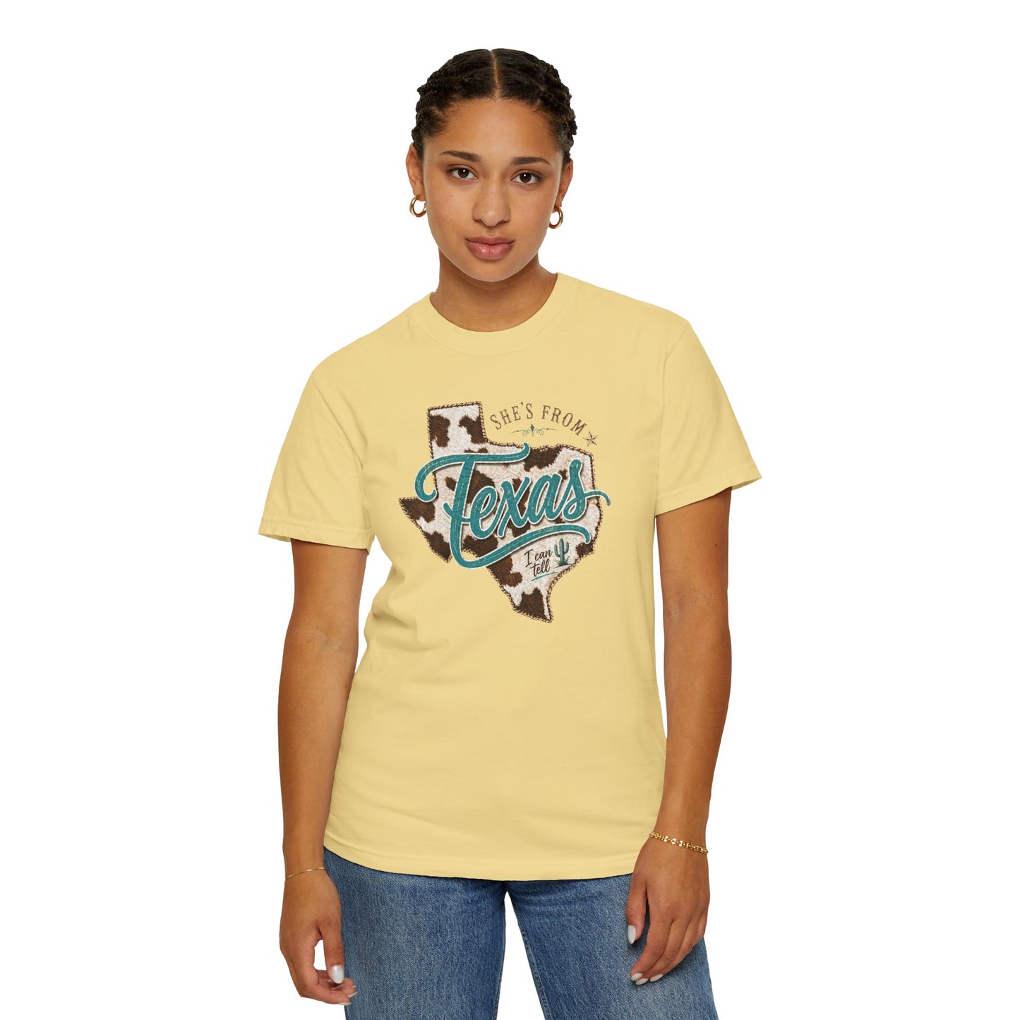 Texas Cowhide Graphic T-Shirt — "She's From Texas" Retro Western Tee