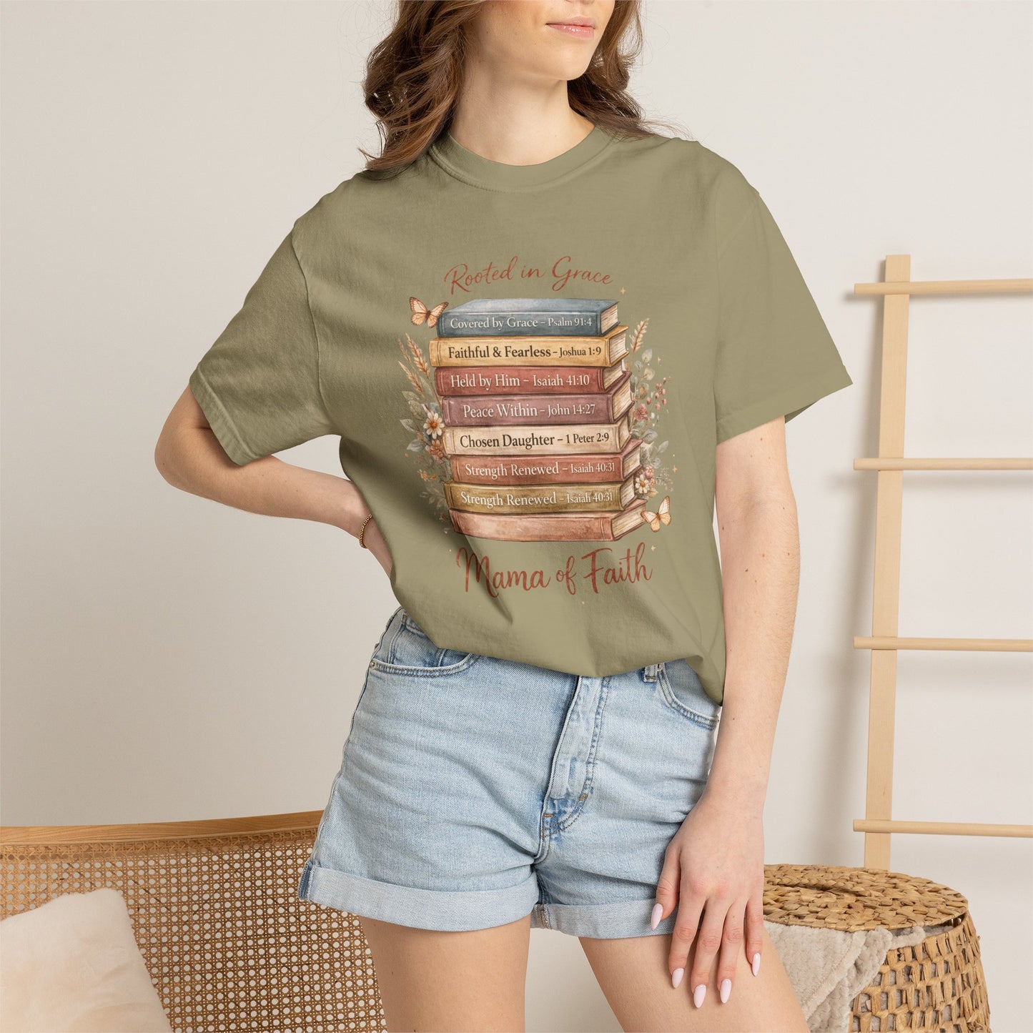 Mama of Faith Book Stack T‑Shirt — Rooted in Grace Christian Mother's Tee