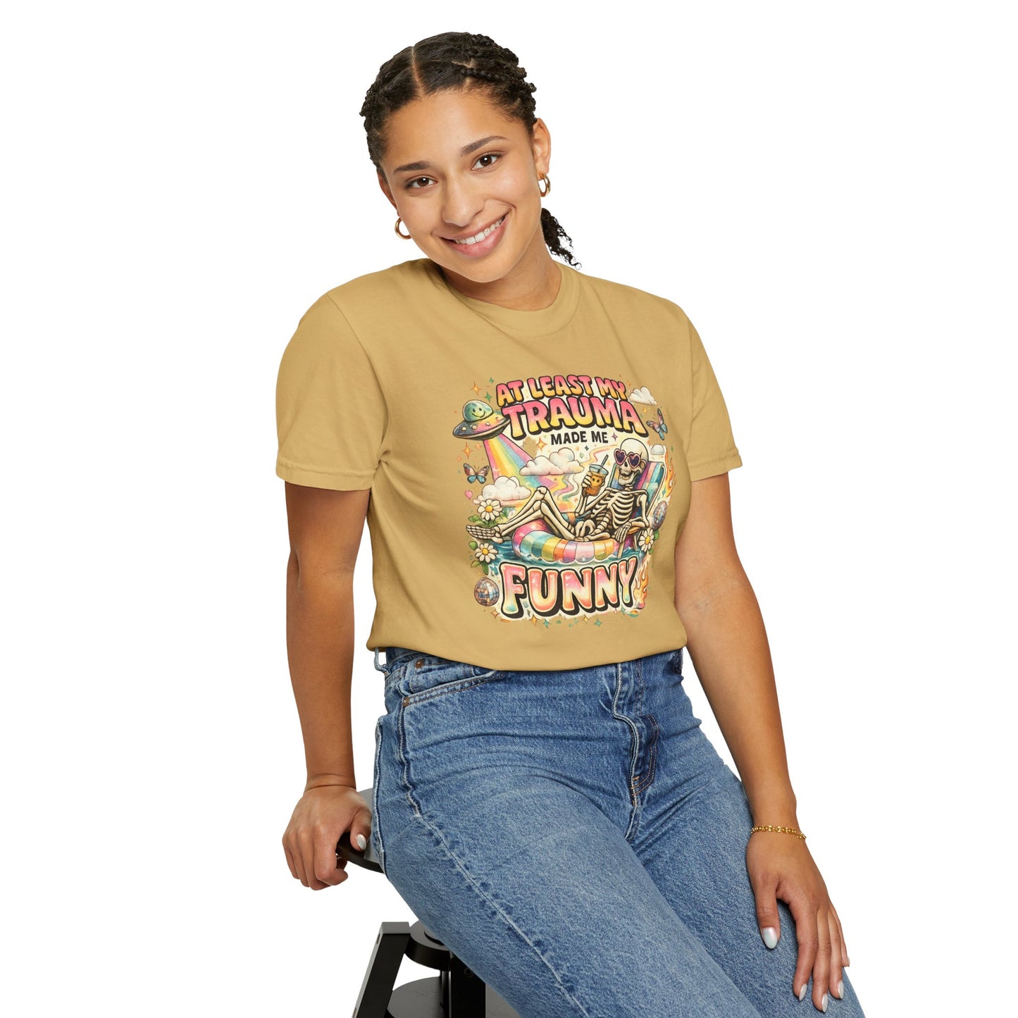 Funny Skeleton Graphic T-Shirt — "At Least My Trauma Made Me Funny"