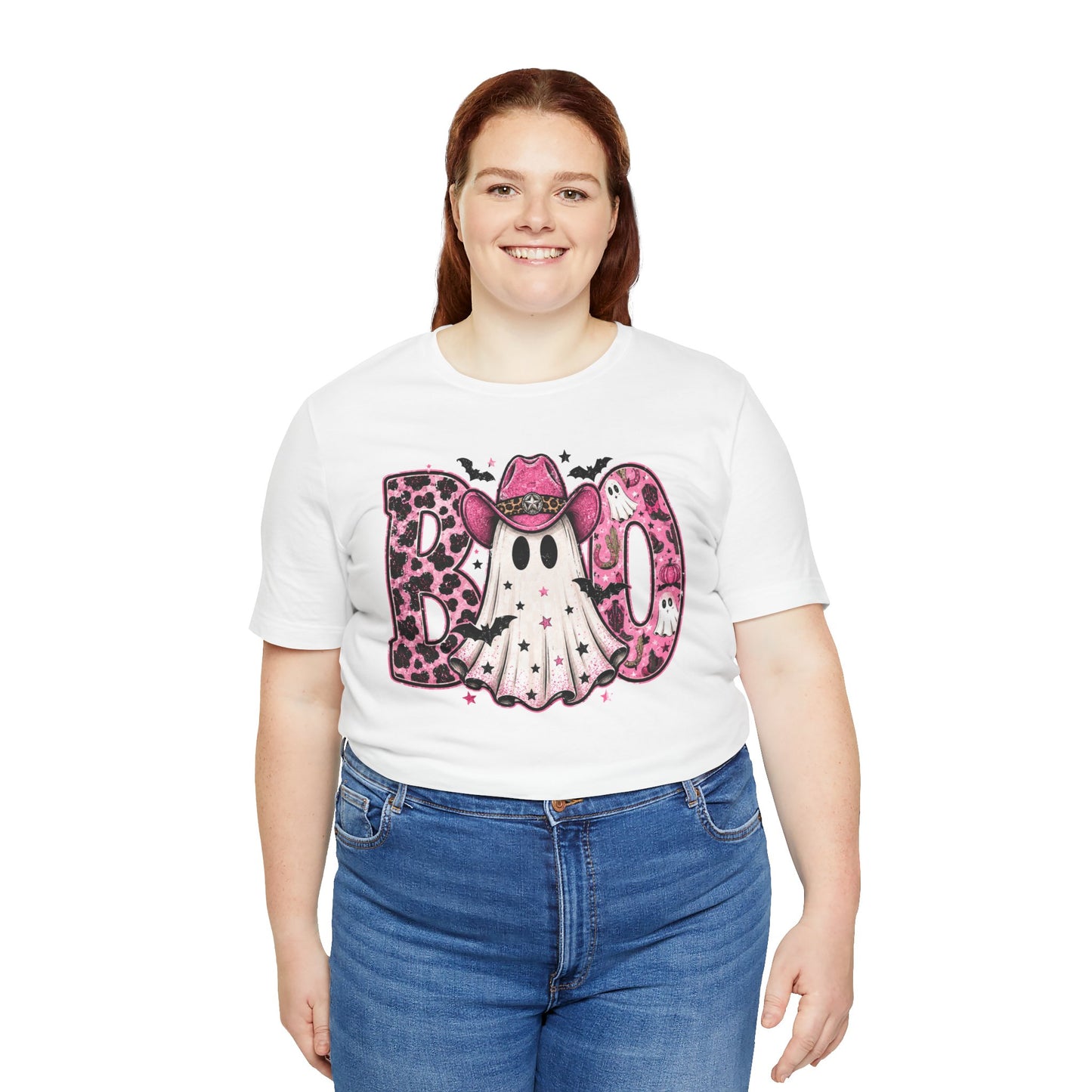 Boo Pink Leopard Ghost Tee — Cute Cowgirl Halloween T-Shirt