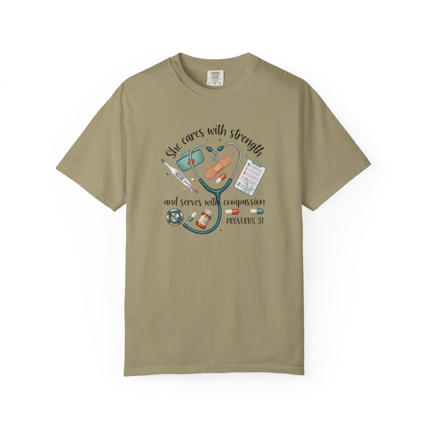 Nurse Heartbeat Graphic T-Shirt — "She Cares with Strength" Psalm 31 Christian Tee