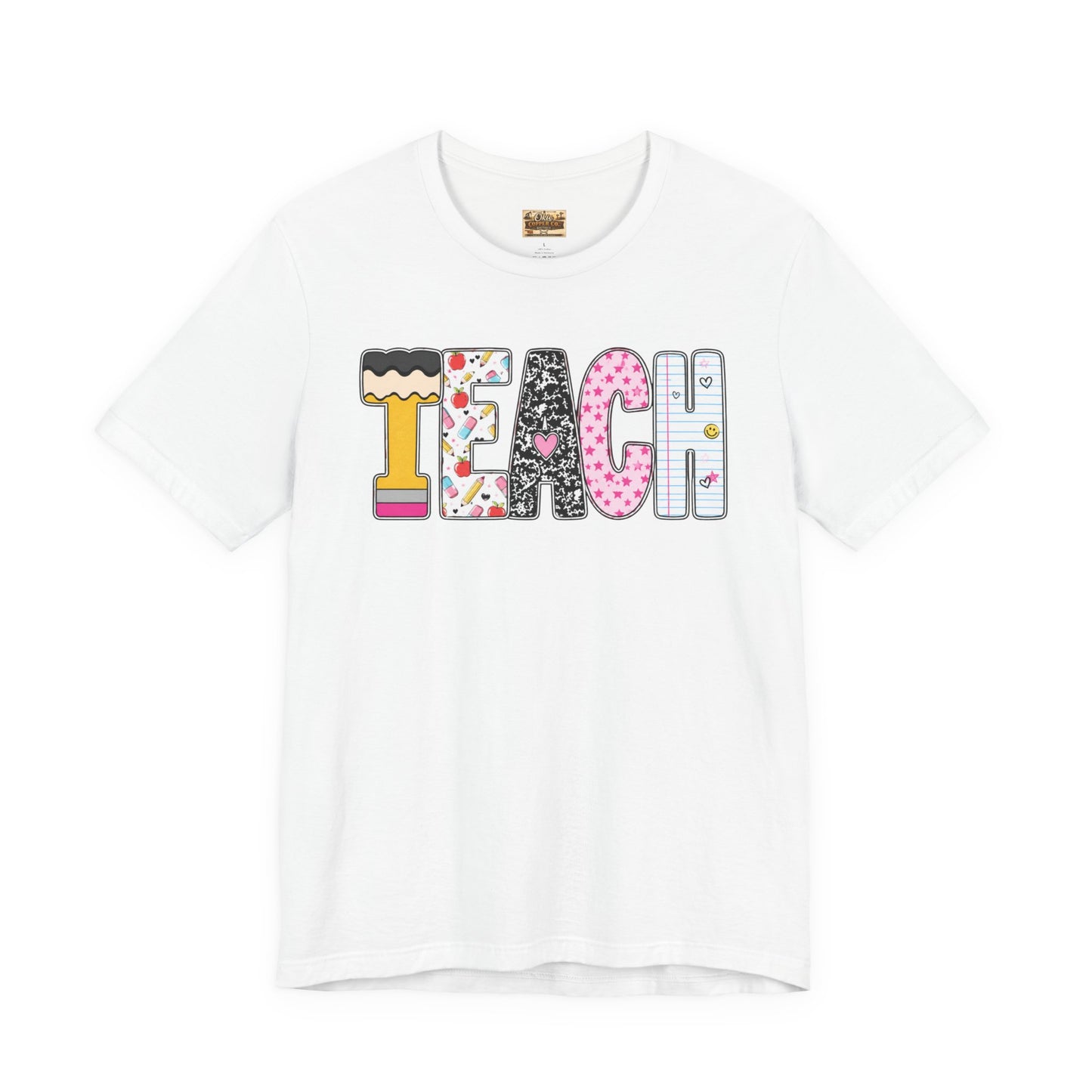 Teach Colorblock Graphic Tee – Cute Patterned Teacher T-Shirt