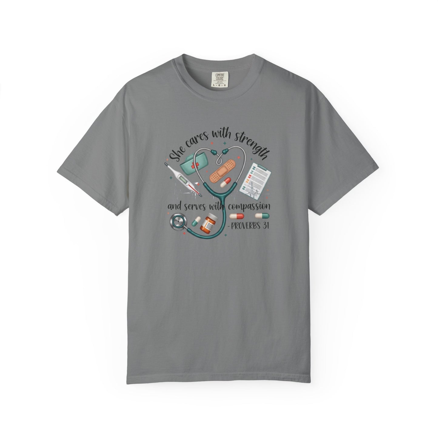 Nurse Heartbeat Graphic T-Shirt — "She Cares with Strength" Psalm 31 Christian Tee