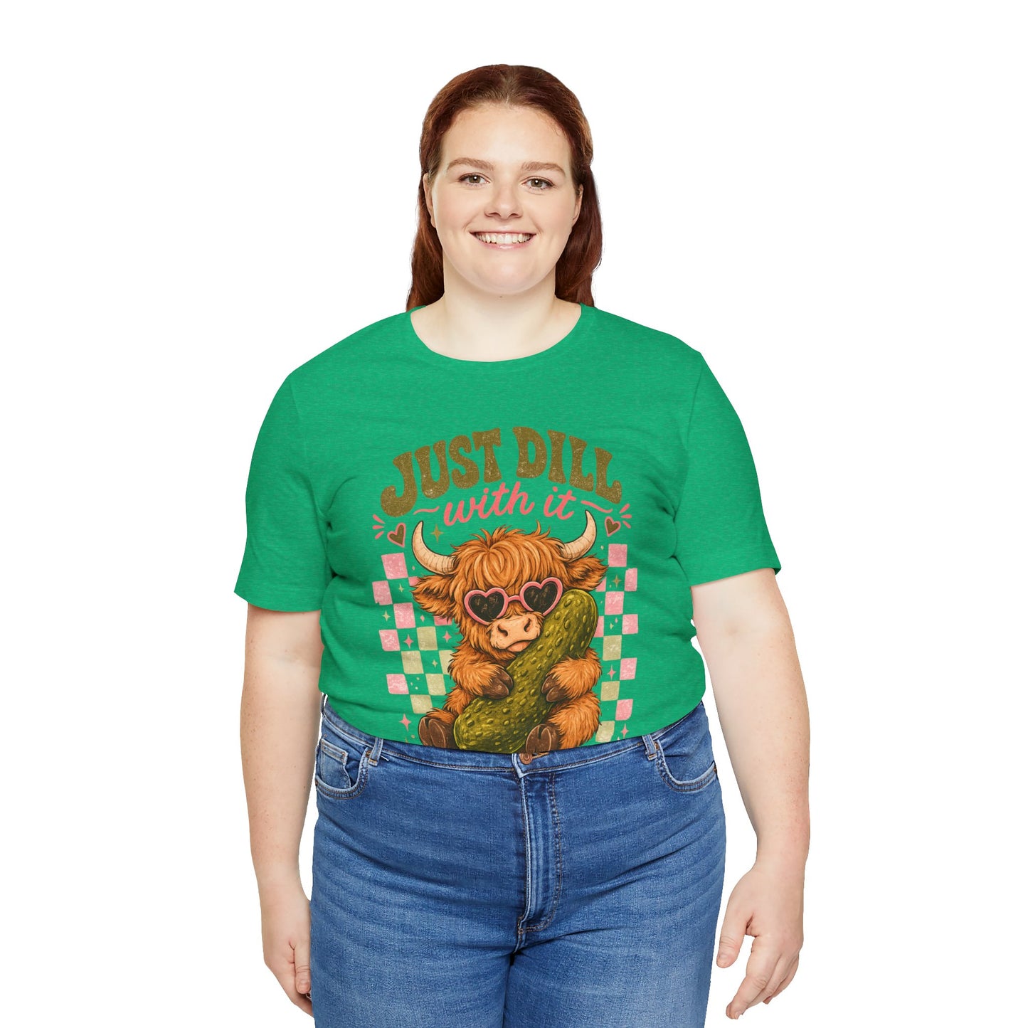 Just Dill With It Tee — Cute Highland Cow Hugging Pickle Graphic T‑Shirt