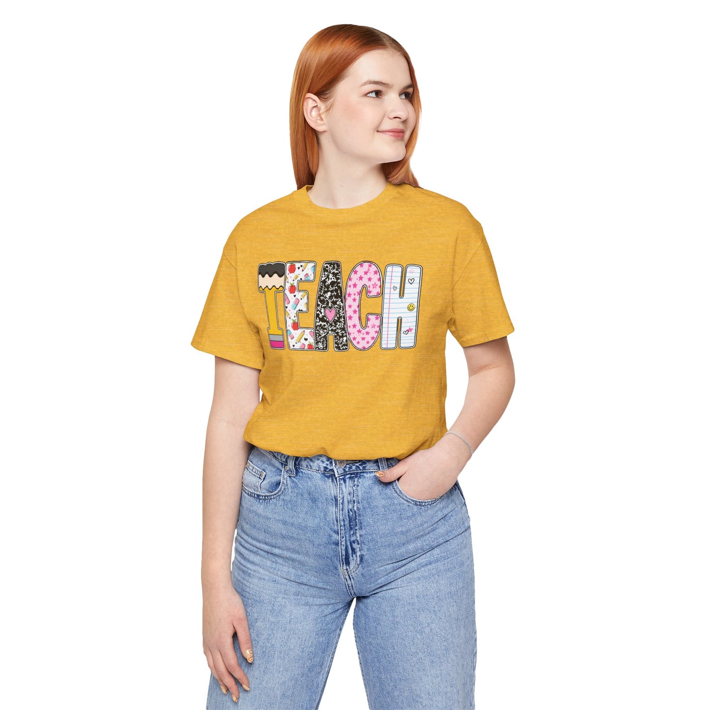 Teach Colorblock Graphic Tee – Cute Patterned Teacher T-Shirt