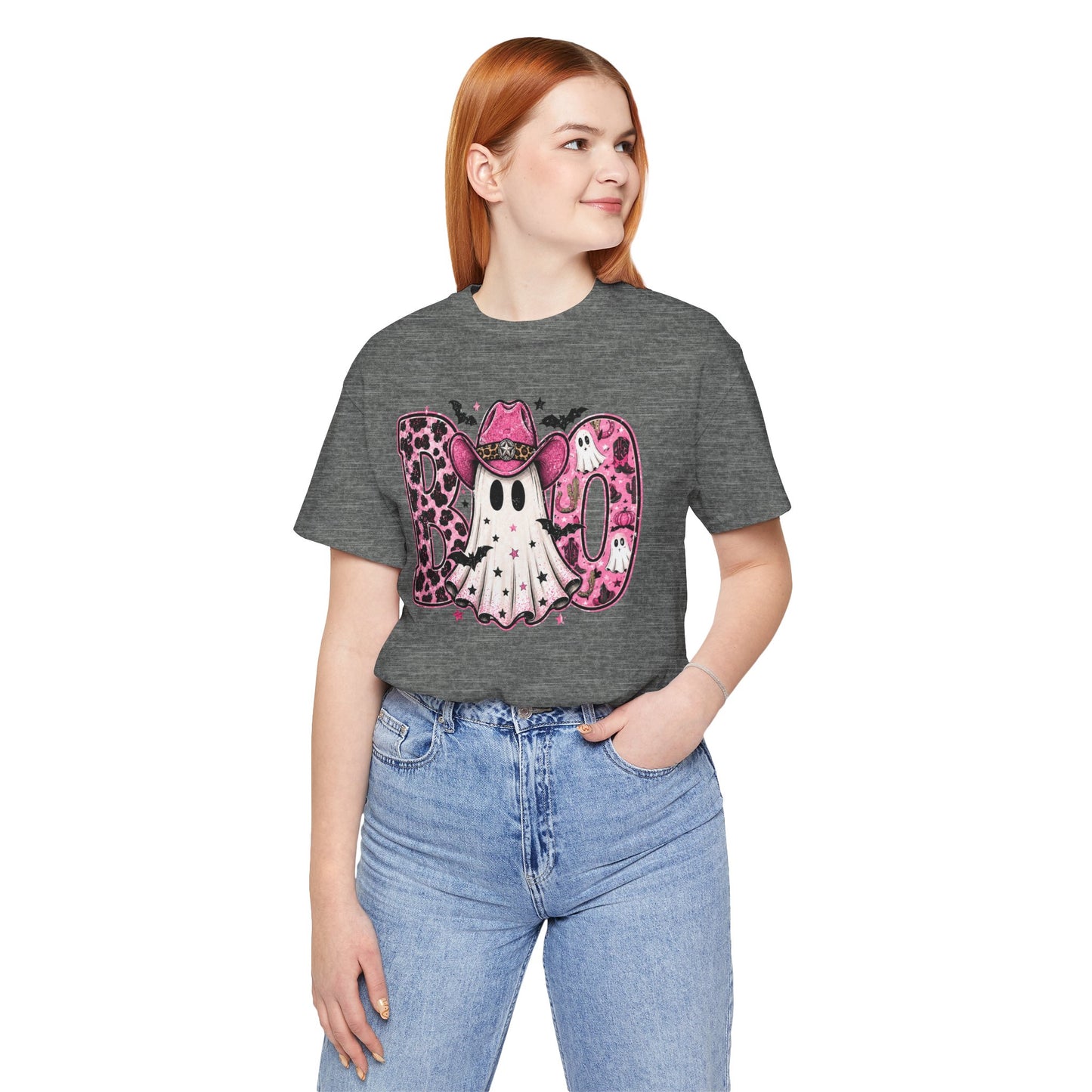 Boo Pink Leopard Ghost Tee — Cute Cowgirl Halloween T-Shirt