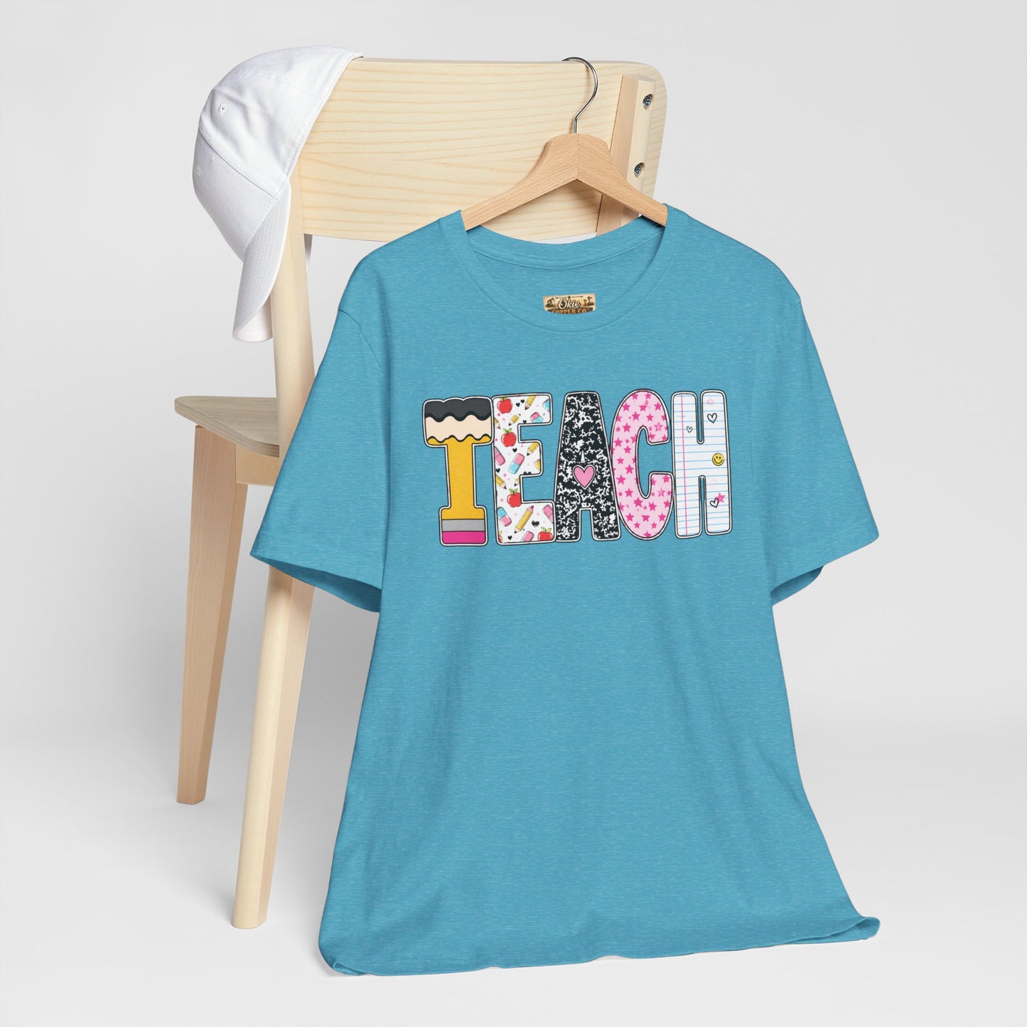 Teach Colorblock Graphic Tee – Cute Patterned Teacher T-Shirt