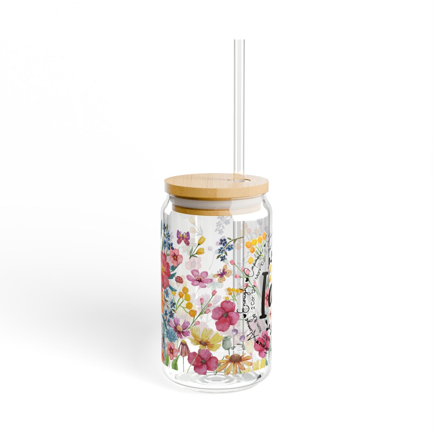 Floral 'I Am' 16oz Sipper Glass – Inspirational Reusable Tumbler with Bamboo Lid & Straw