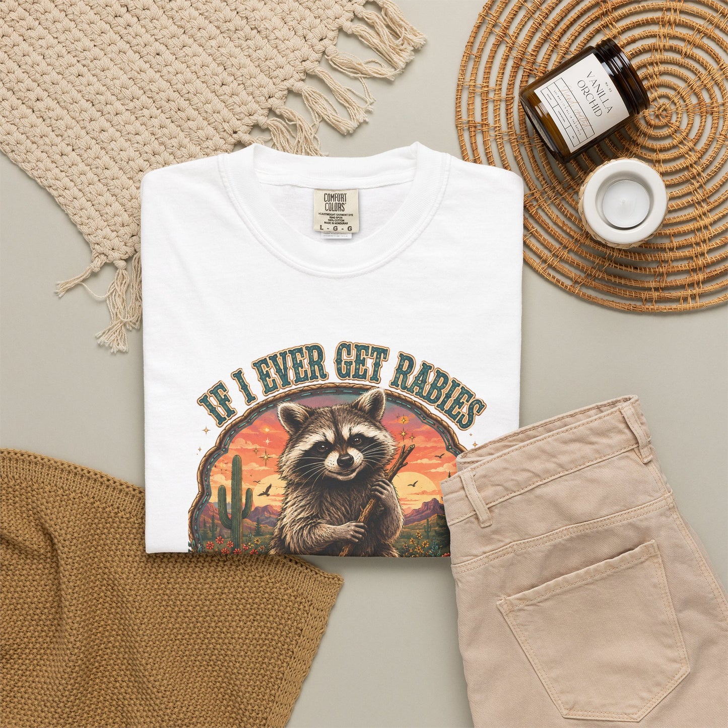 Raccoon Sunset T‑Shirt — “If I Ever Get Riches You’re High On My Bitin’ List” Funny Retro Graphic Tee