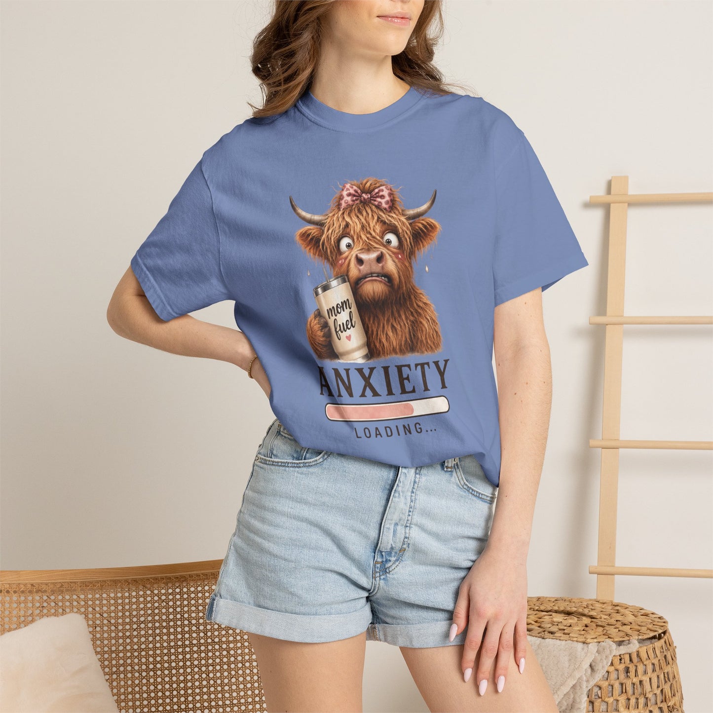 Anxiety Loading T-Shirt — Cute Highland Cow with 'Mom Fuel' Mug