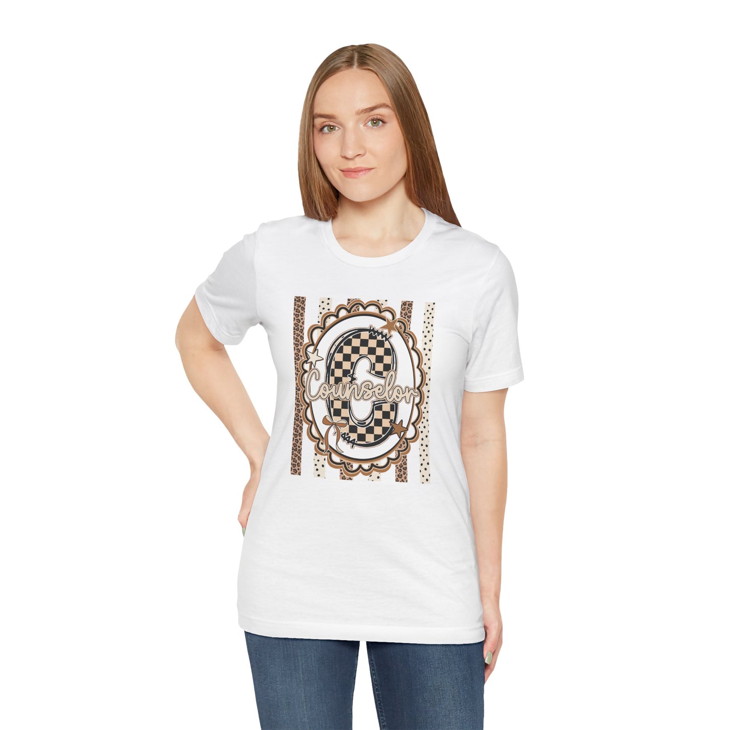 Counselor Tee — Retro Checkerboard & Leopard Print Graphic T-Shirt