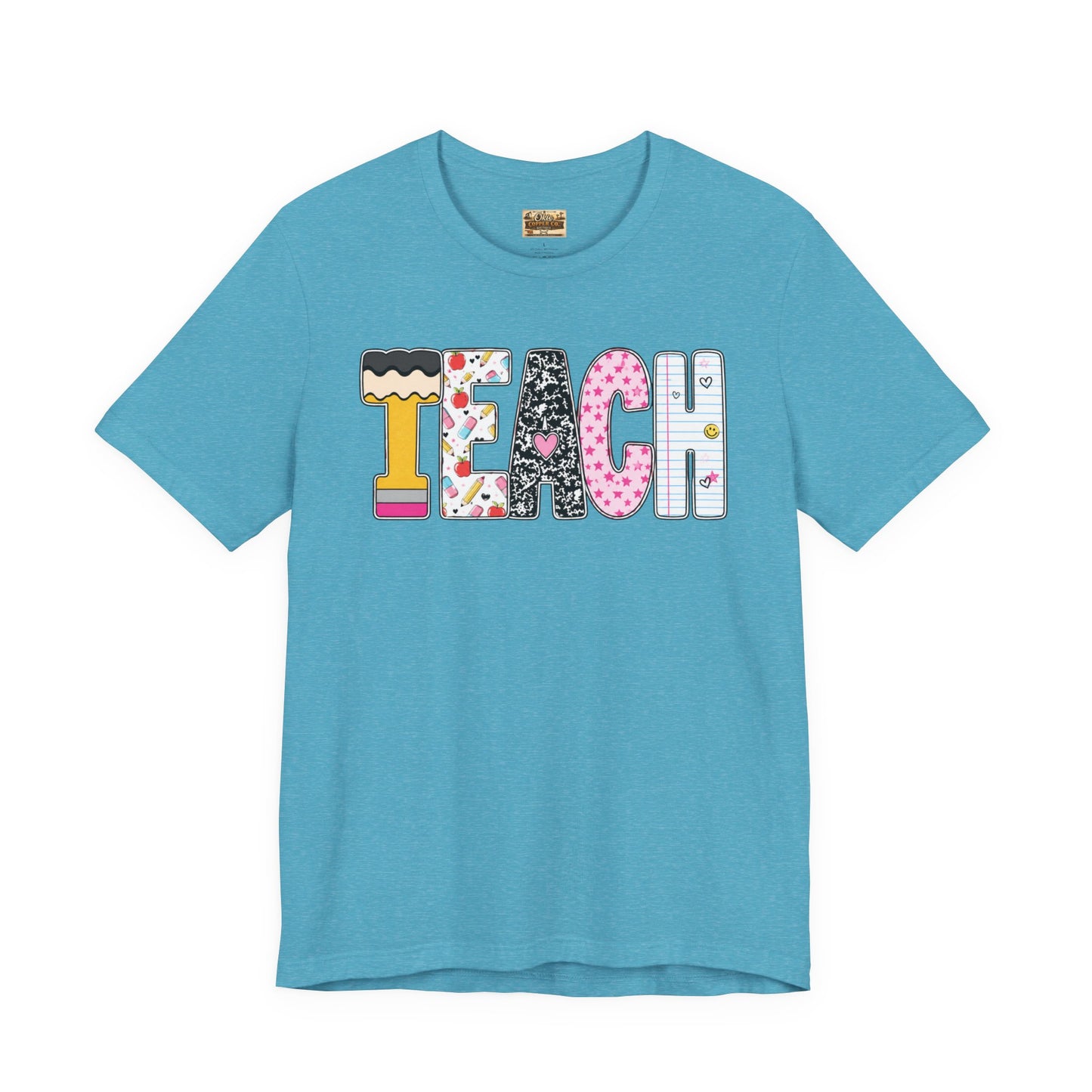 Teach Colorblock Graphic Tee – Cute Patterned Teacher T-Shirt