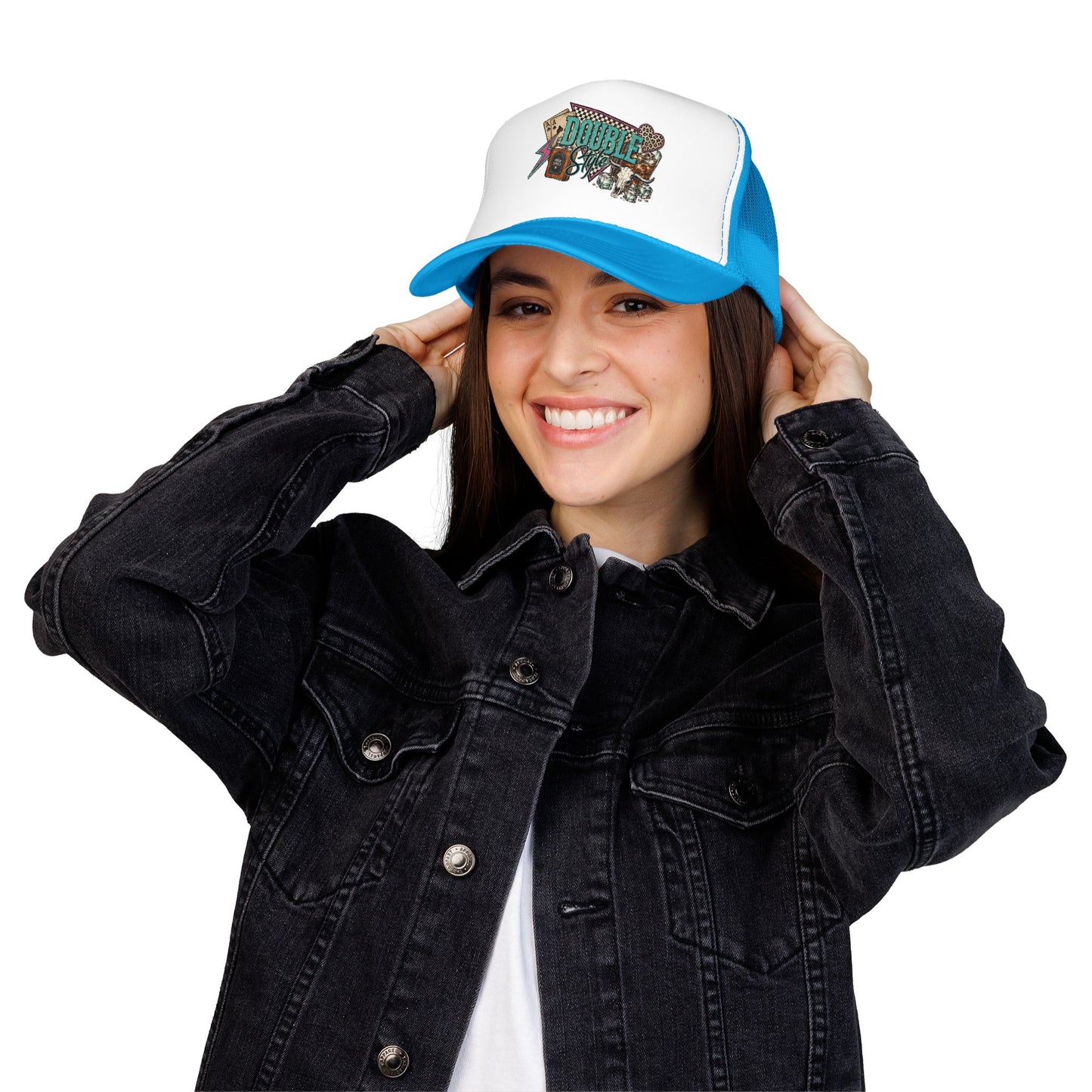 Double Shot Retro Foam Trucker Hat — Vintage Neon Coffee & Camera Patch