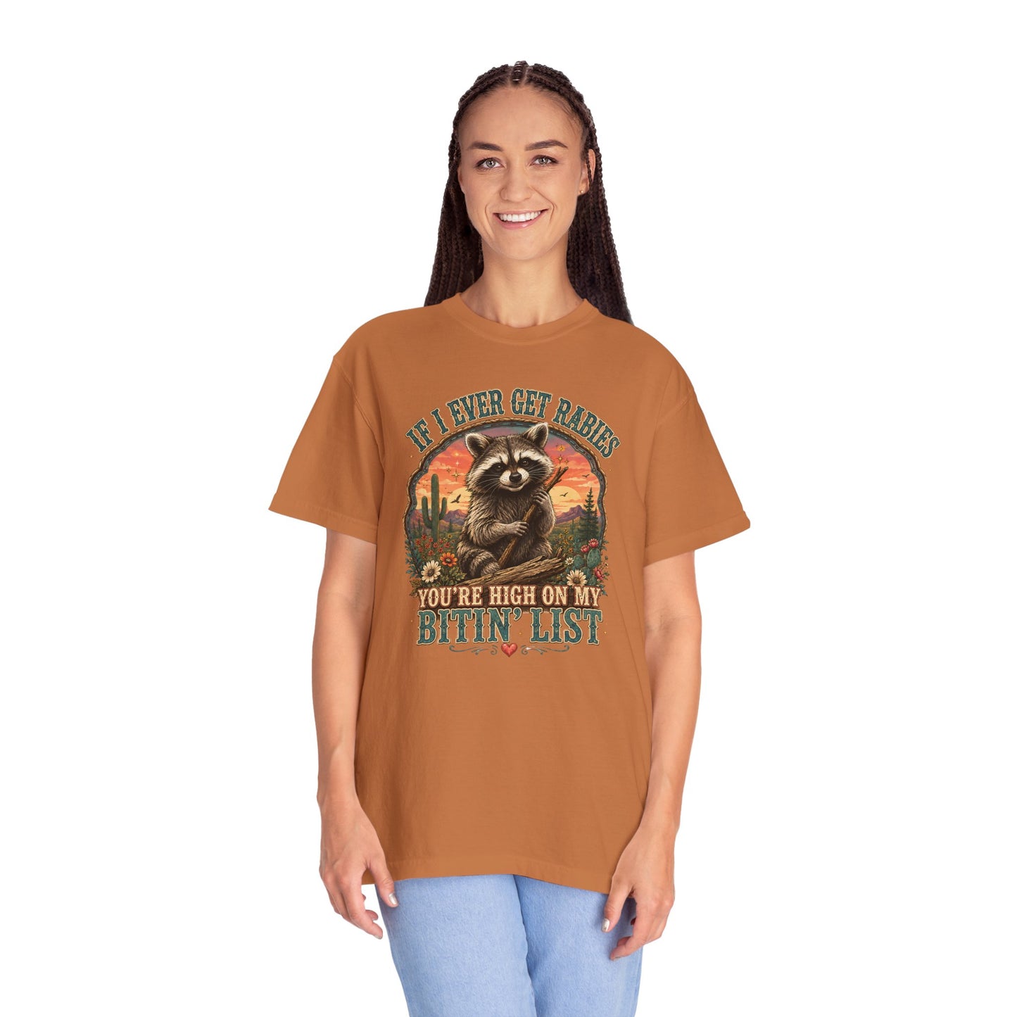 Raccoon Sunset T‑Shirt — “If I Ever Get Riches You’re High On My Bitin’ List” Funny Retro Graphic Tee