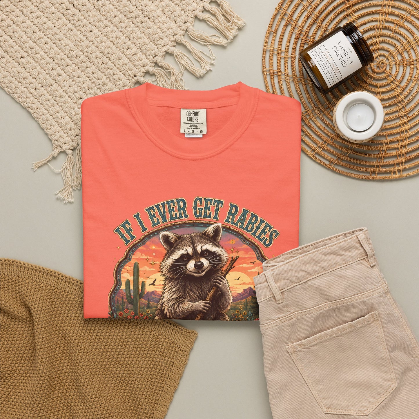 Raccoon Sunset T‑Shirt — “If I Ever Get Riches You’re High On My Bitin’ List” Funny Retro Graphic Tee