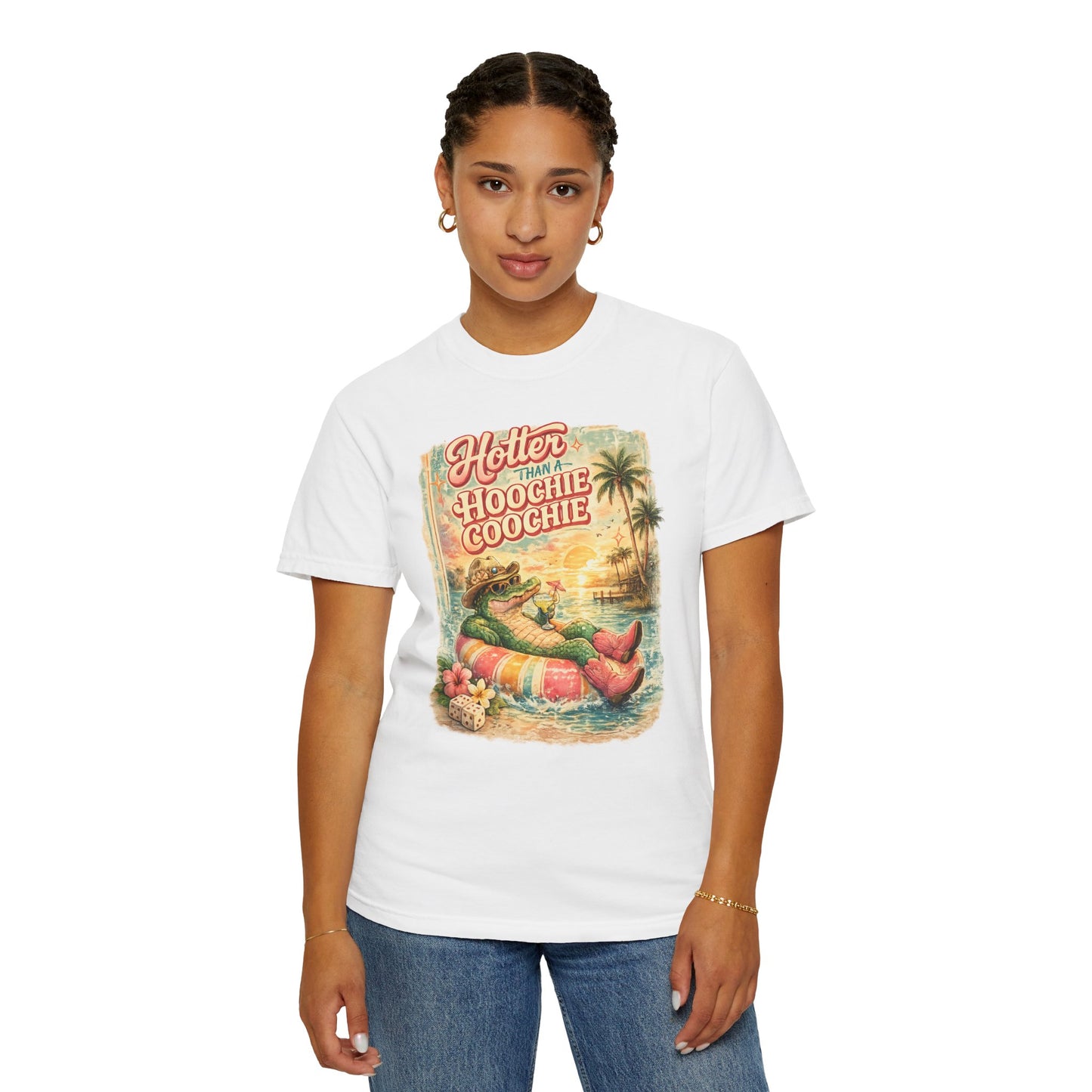 "Hotter Than a Hoochie Coochie" Retro Alligator Beach Graphic