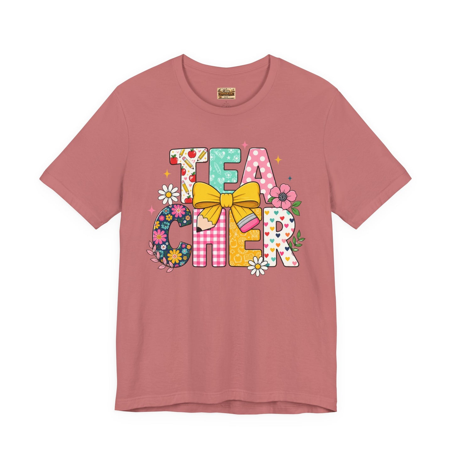 Teacher Floral Bow T-Shirt — Cute 'Teach er' Colorful School Shirt for Teachers