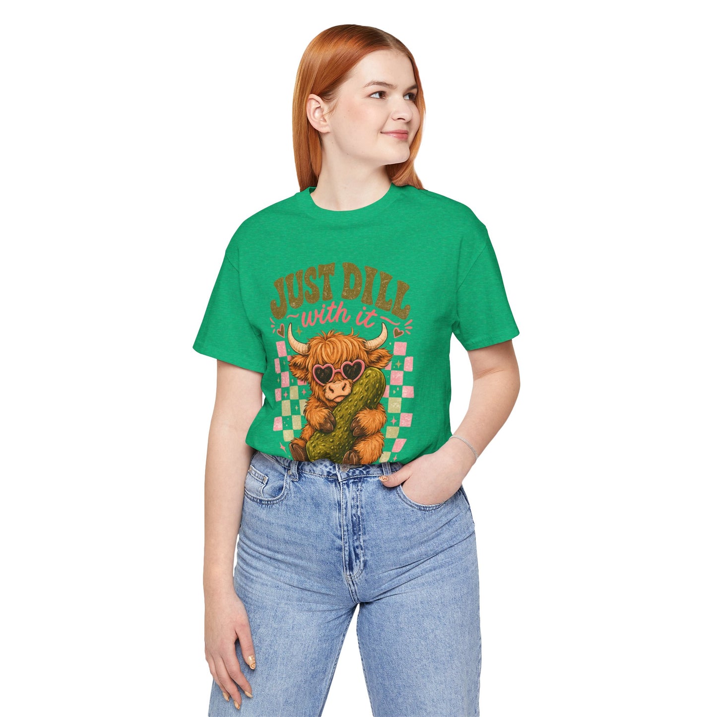 Just Dill With It Tee — Cute Highland Cow Hugging Pickle Graphic T‑Shirt