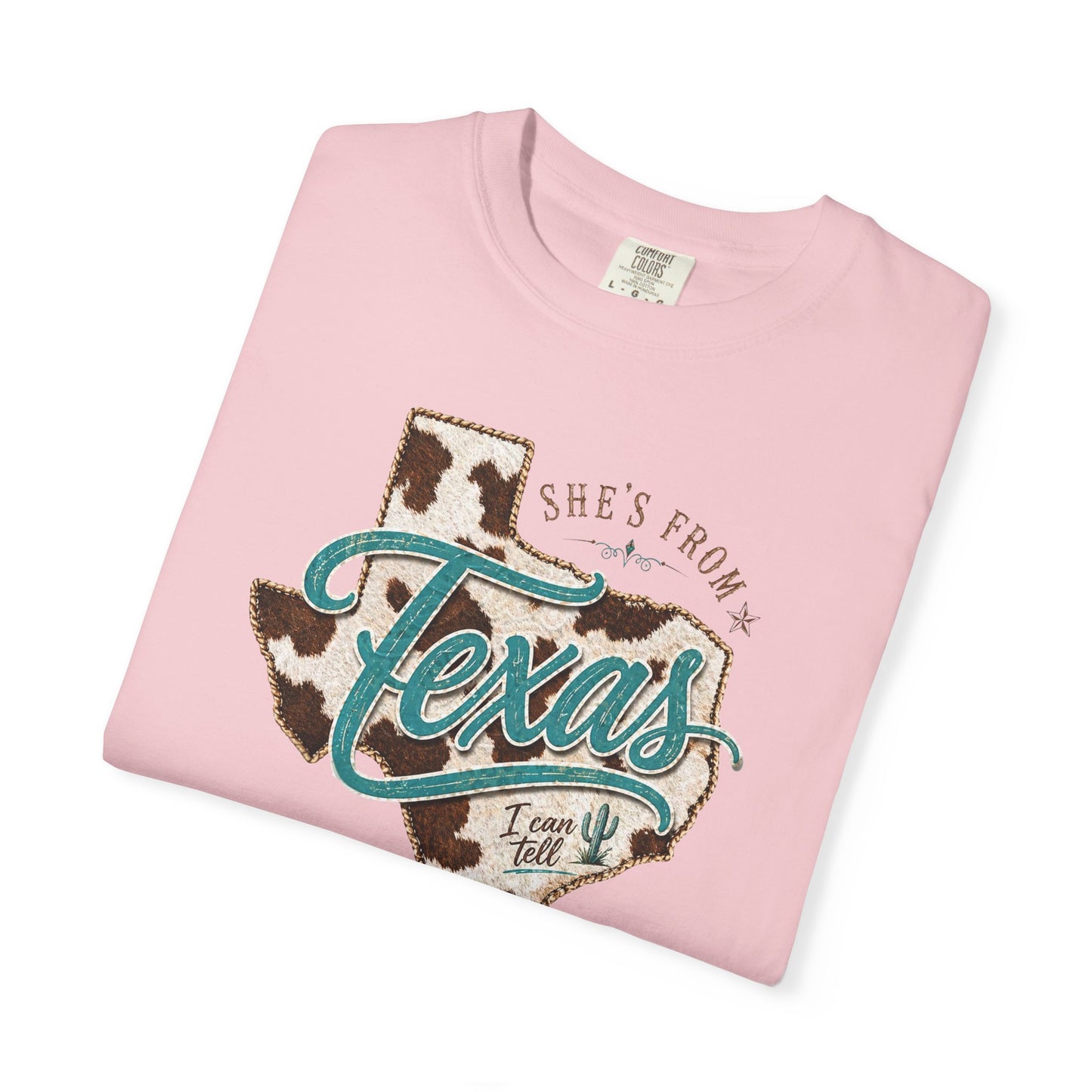 Texas Cowhide Graphic T-Shirt — "She's From Texas" Retro Western Tee