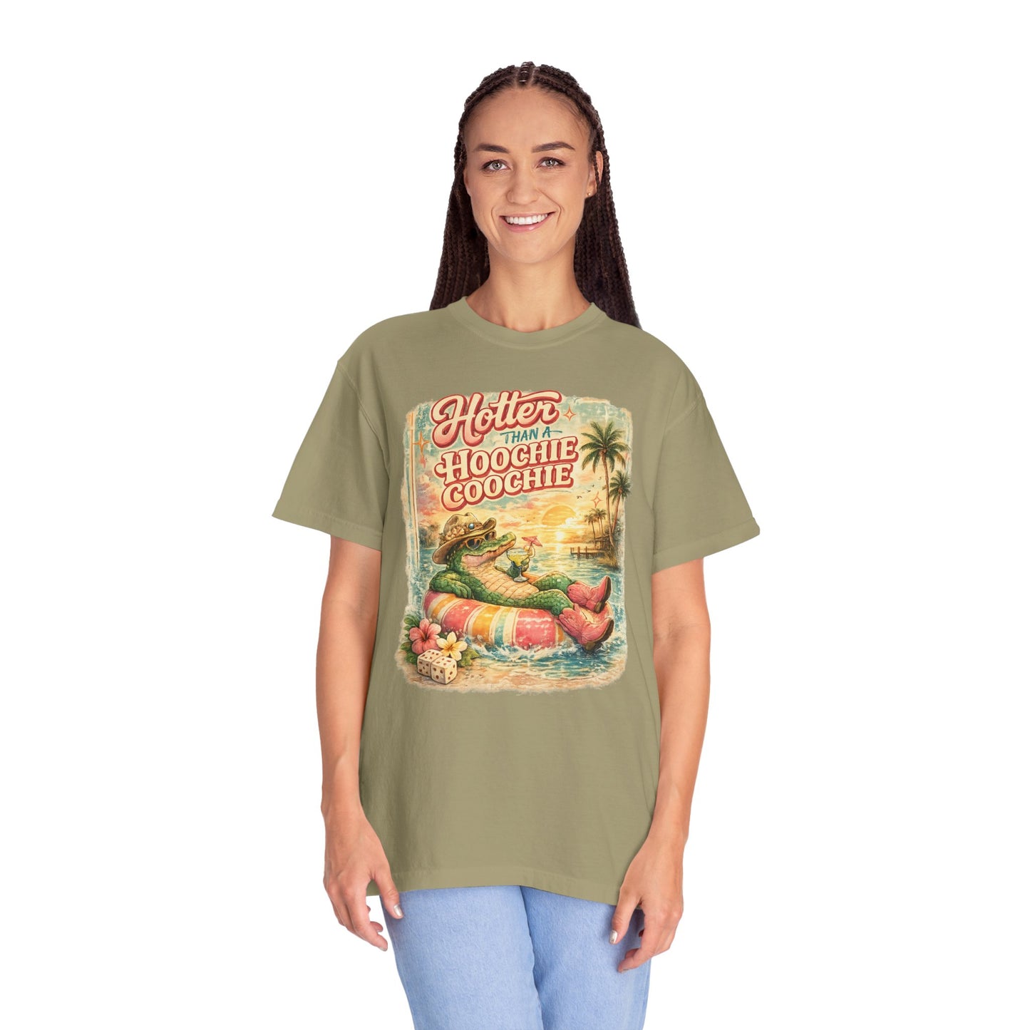 "Hotter Than a Hoochie Coochie" Retro Alligator Beach Graphic