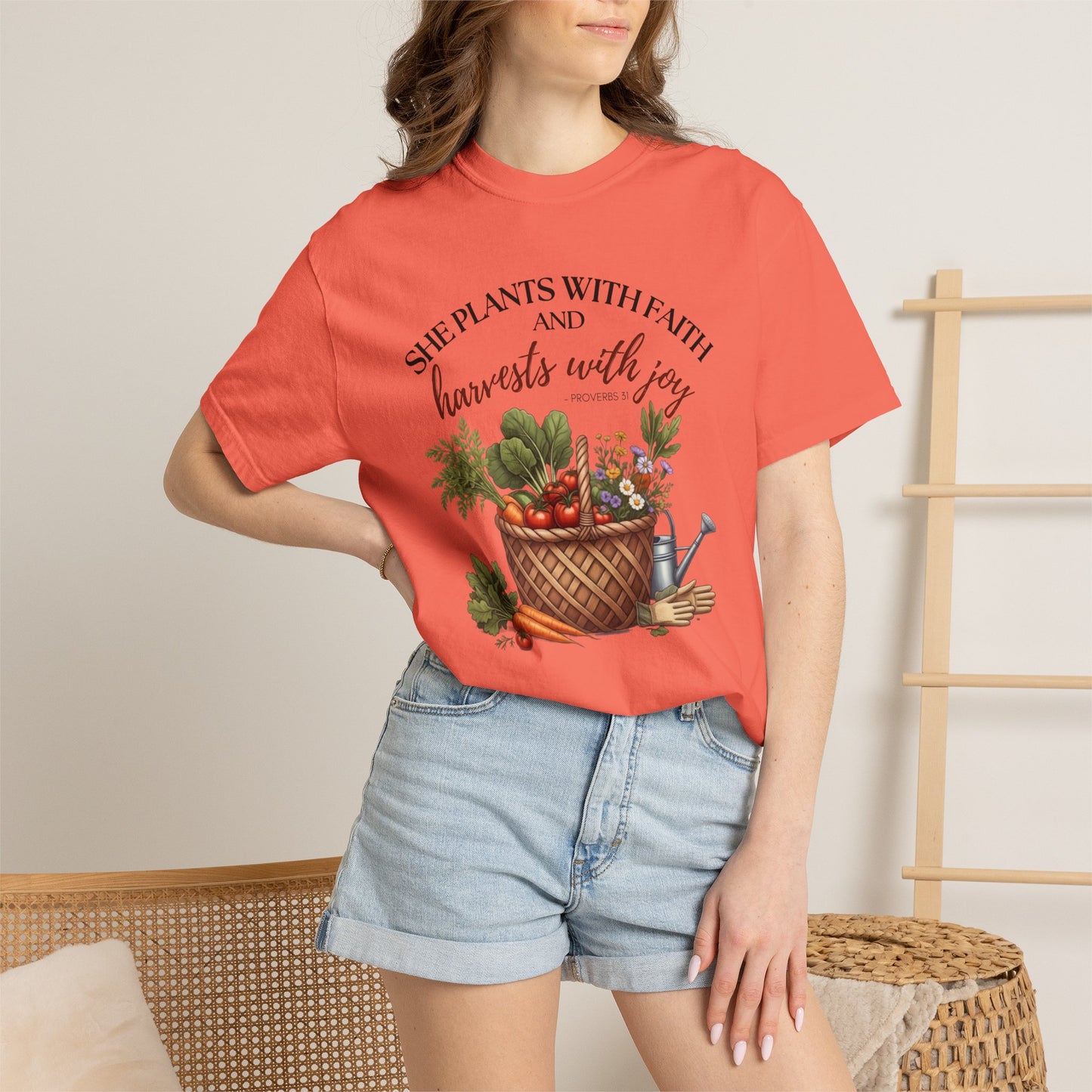 She Plants With Faith Garden T‑Shirt — Harvests With Joy Floral Basket Tee