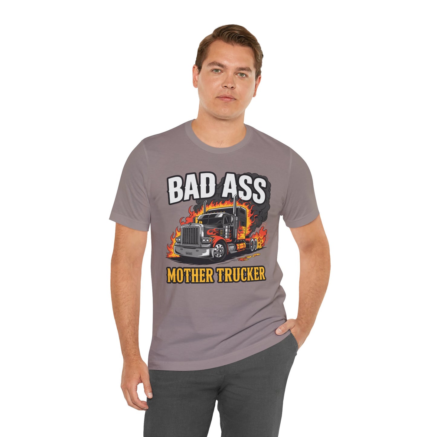 Bad Ass Mother Trucker Tee — Graphic Semi Truck Flames Shirt