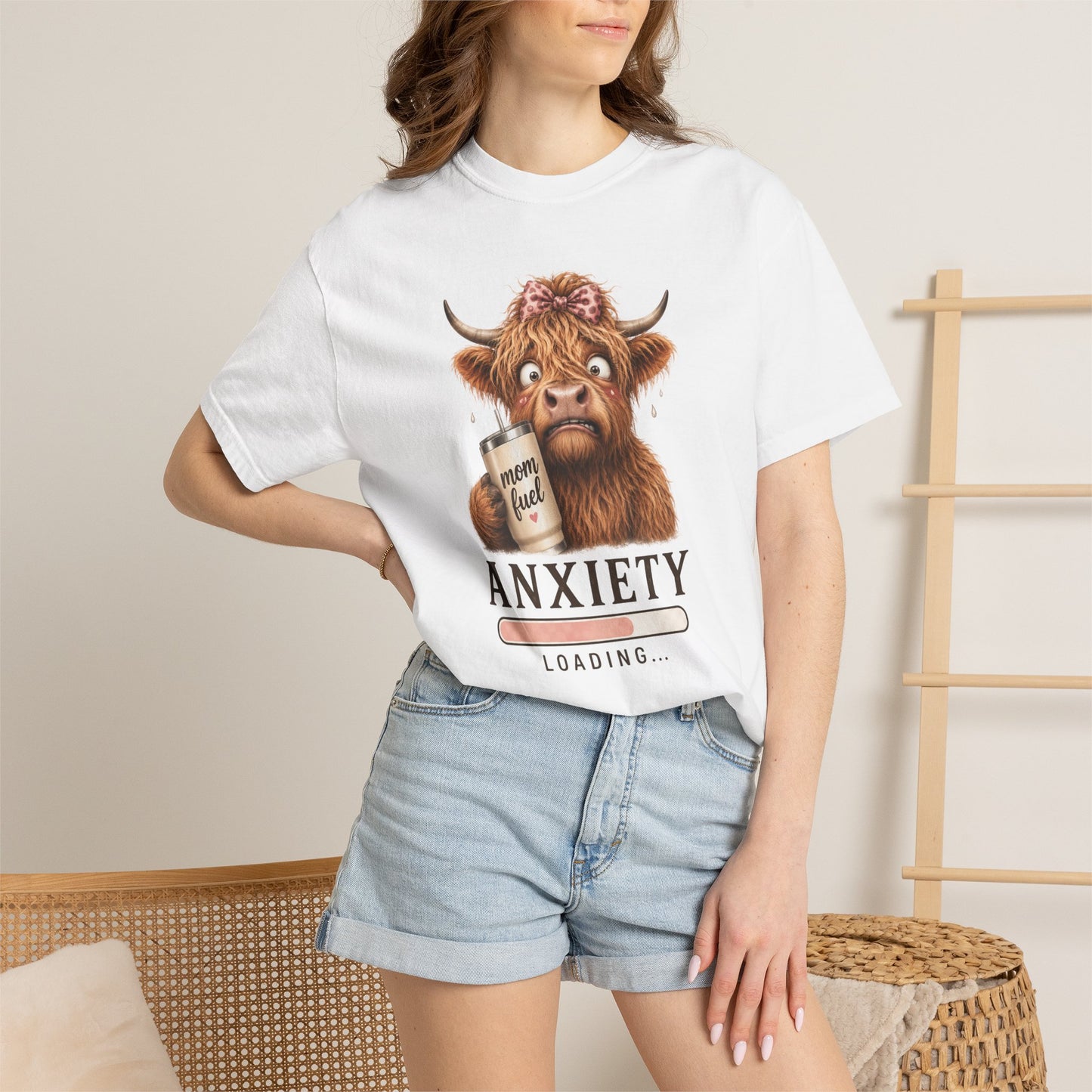 Anxiety Loading T-Shirt — Cute Highland Cow with 'Mom Fuel' Mug
