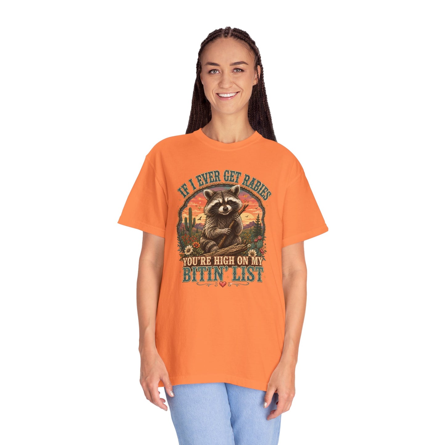 Raccoon Sunset T‑Shirt — “If I Ever Get Riches You’re High On My Bitin’ List” Funny Retro Graphic Tee