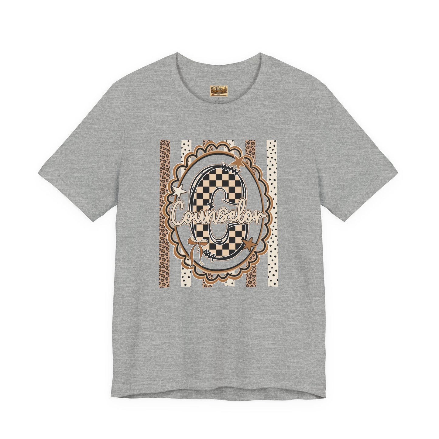 Counselor Tee — Retro Checkerboard & Leopard Print Graphic T-Shirt