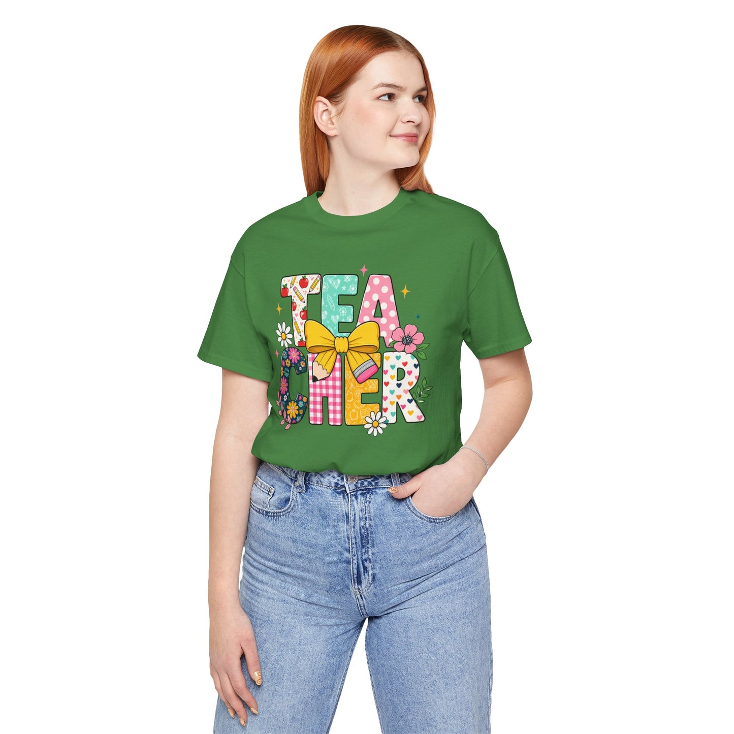 Teacher Floral Bow T-Shirt — Cute 'Teach er' Colorful School Shirt for Teachers