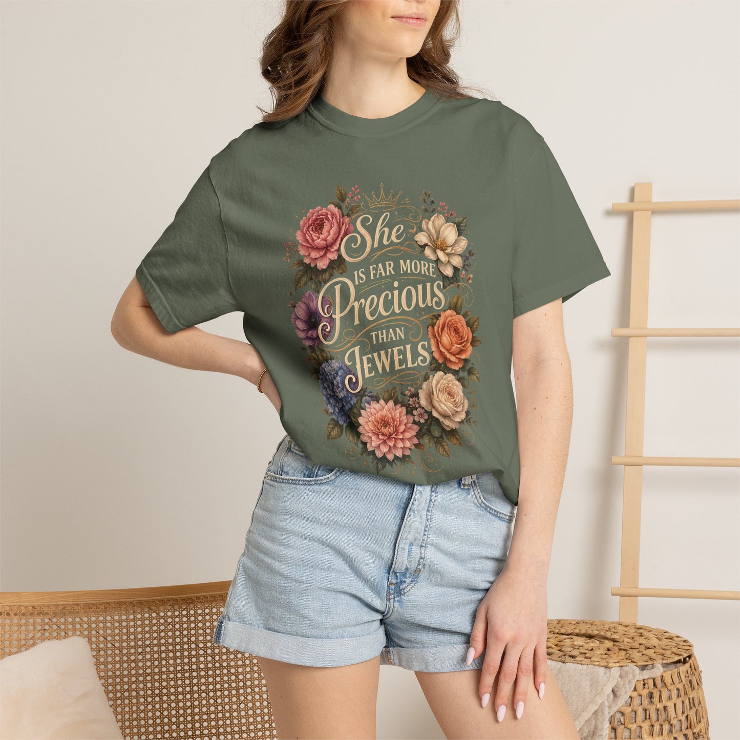 T-Shirt — “She Is Far More Precious Than Jewels” Floral Inspirational Tee