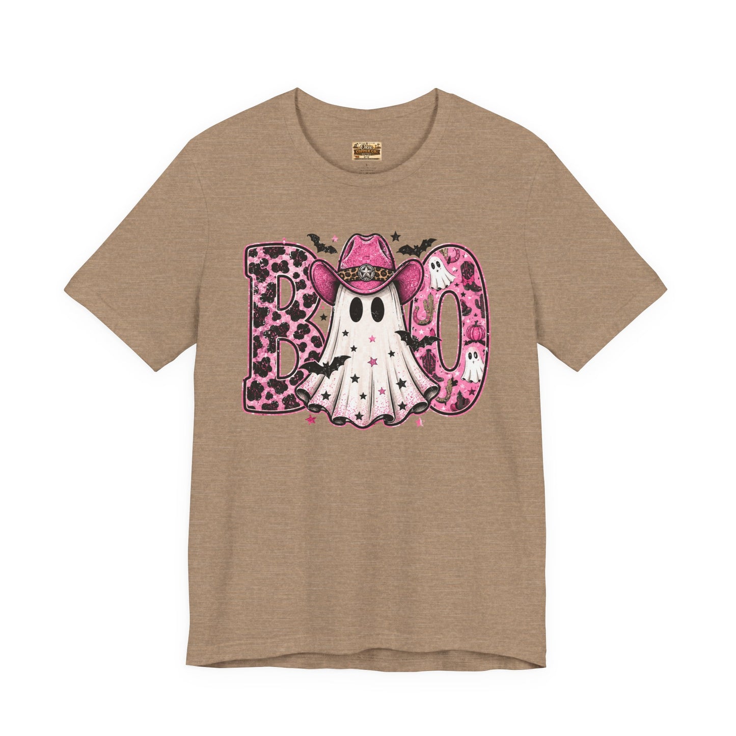 Boo Pink Leopard Ghost Tee — Cute Cowgirl Halloween T-Shirt