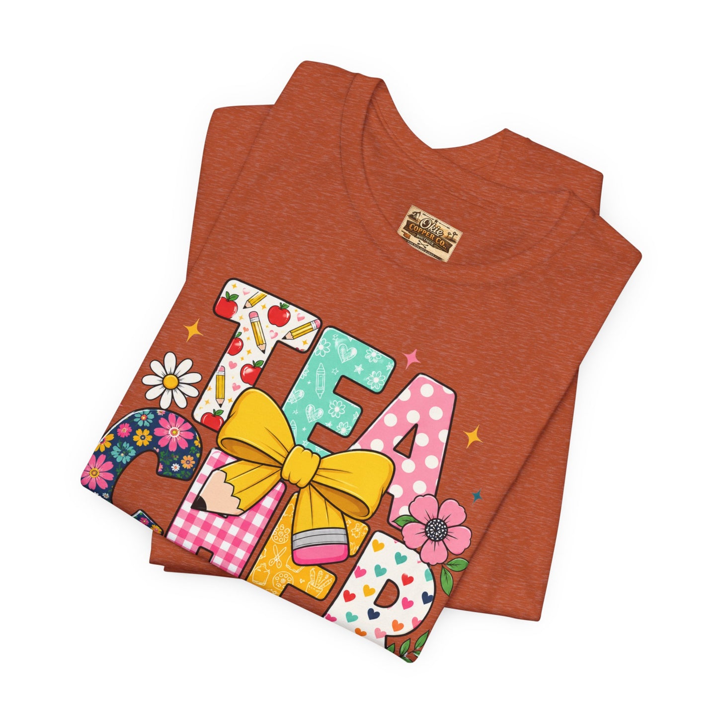 Teacher Floral Bow T-Shirt — Cute 'Teach er' Colorful School Shirt for Teachers