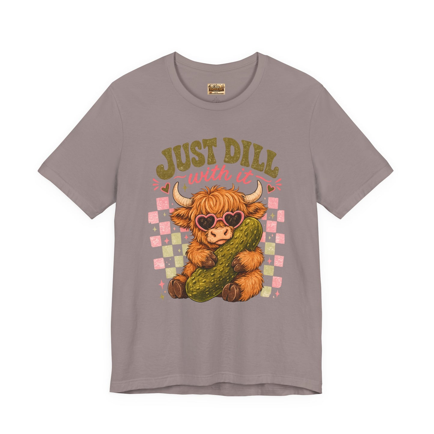Just Dill With It Tee — Cute Highland Cow Hugging Pickle Graphic T‑Shirt
