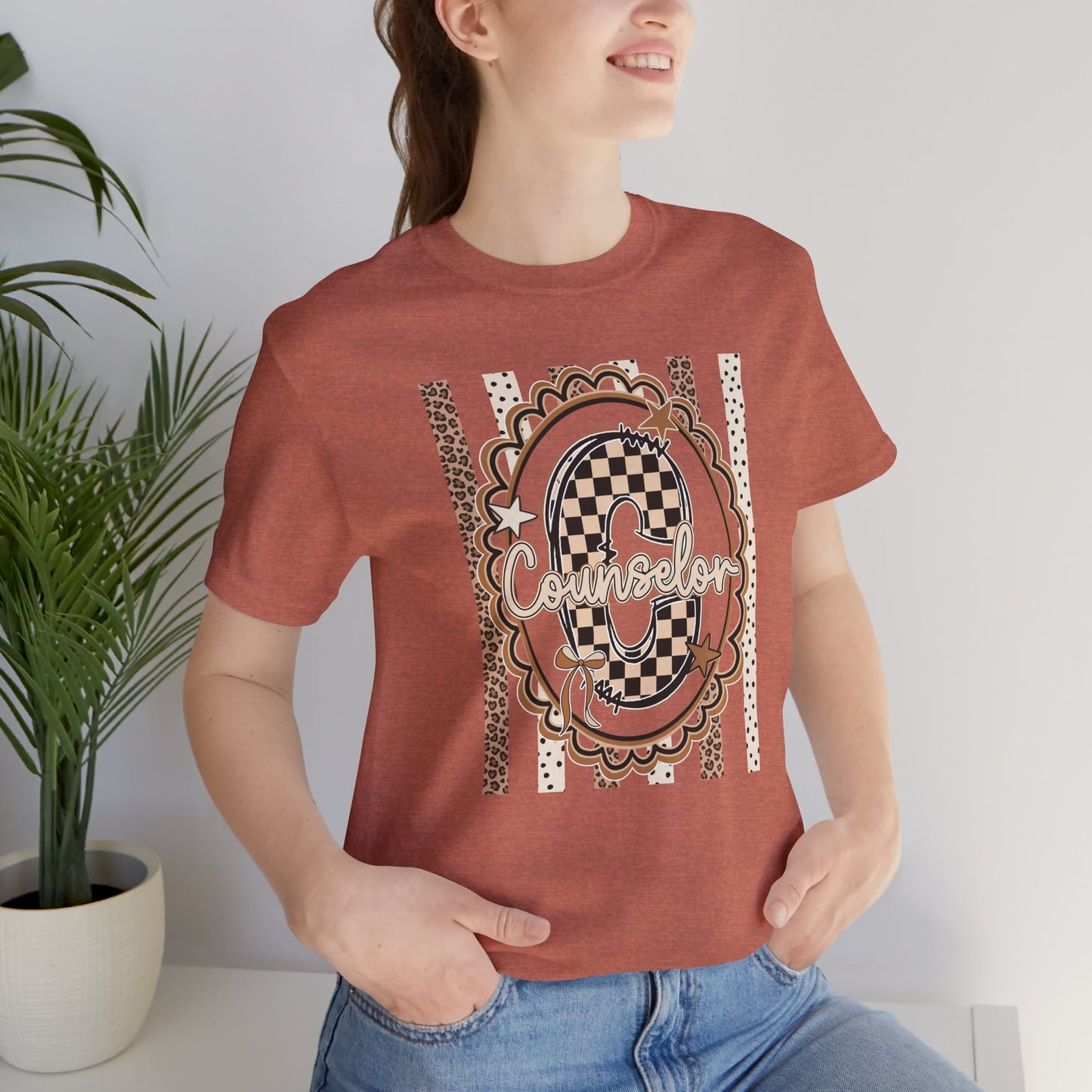 Counselor Tee — Retro Checkerboard & Leopard Print Graphic T-Shirt