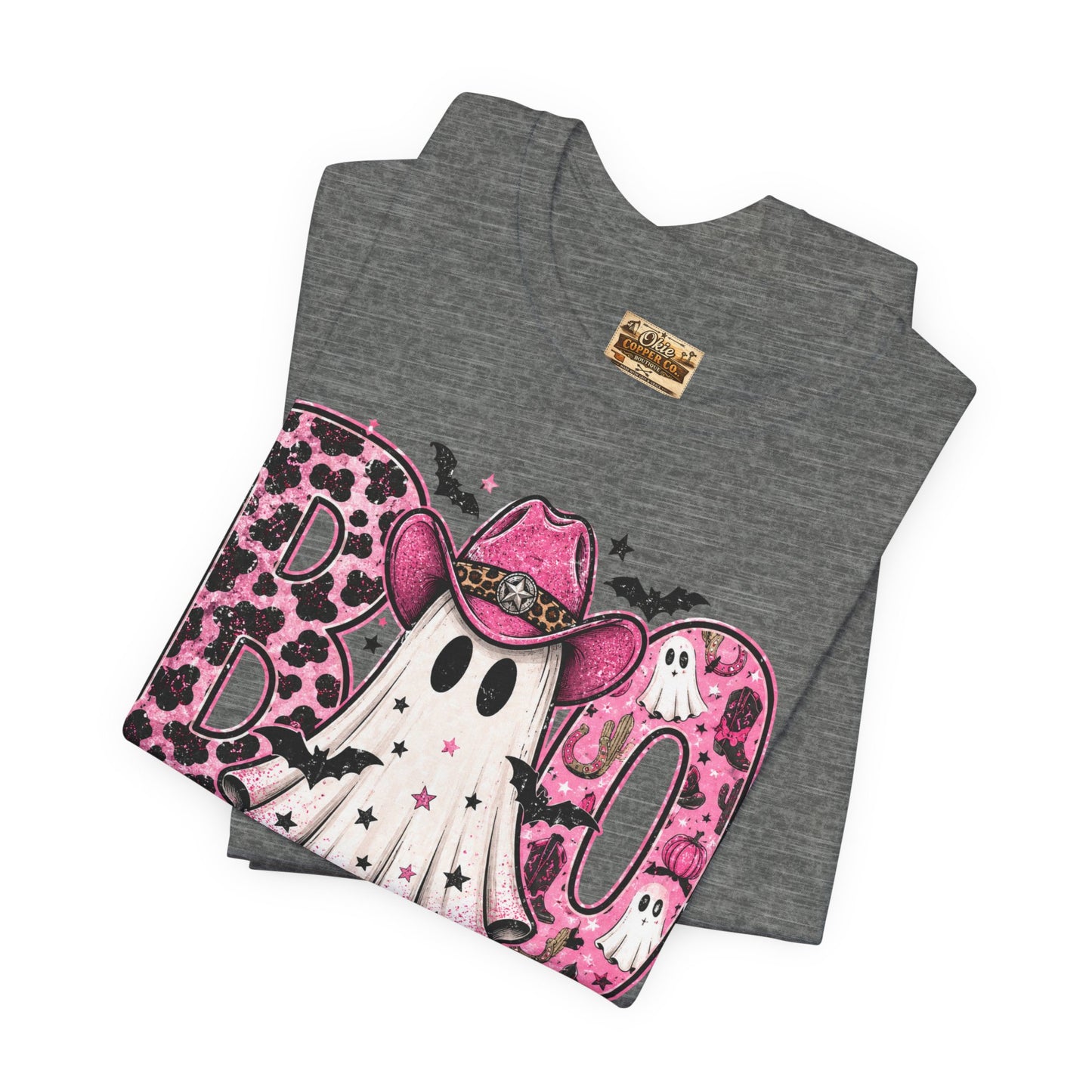 Boo Pink Leopard Ghost Tee — Cute Cowgirl Halloween T-Shirt