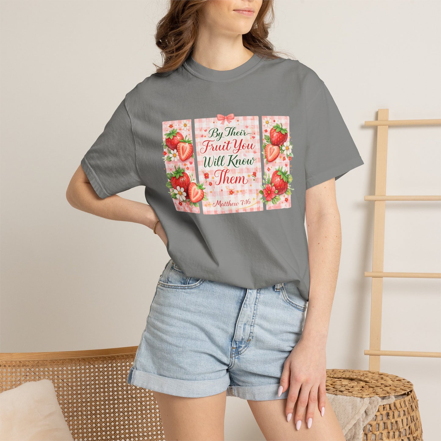 T-Shirt — “By Their Fruit You Will Know Them” Floral Strawberry Graphic Tee
