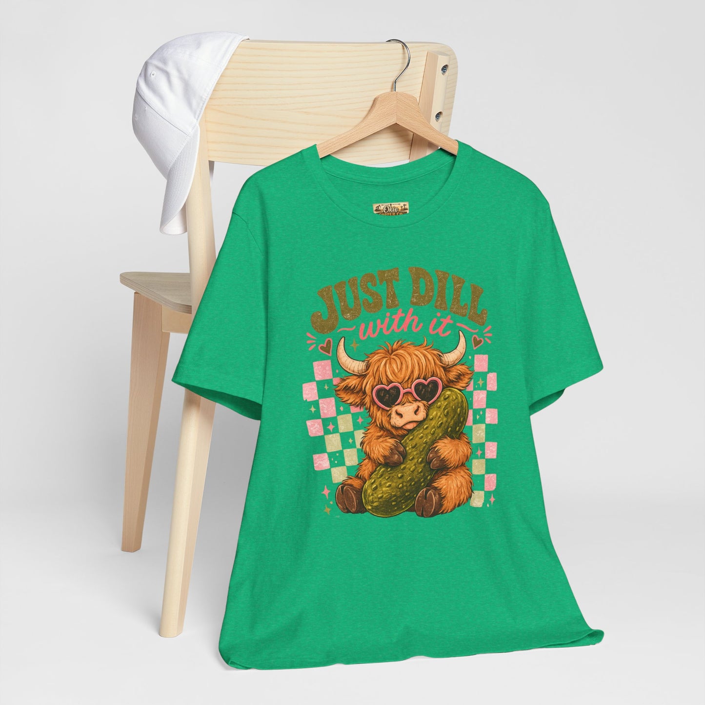 Just Dill With It Tee — Cute Highland Cow Hugging Pickle Graphic T‑Shirt