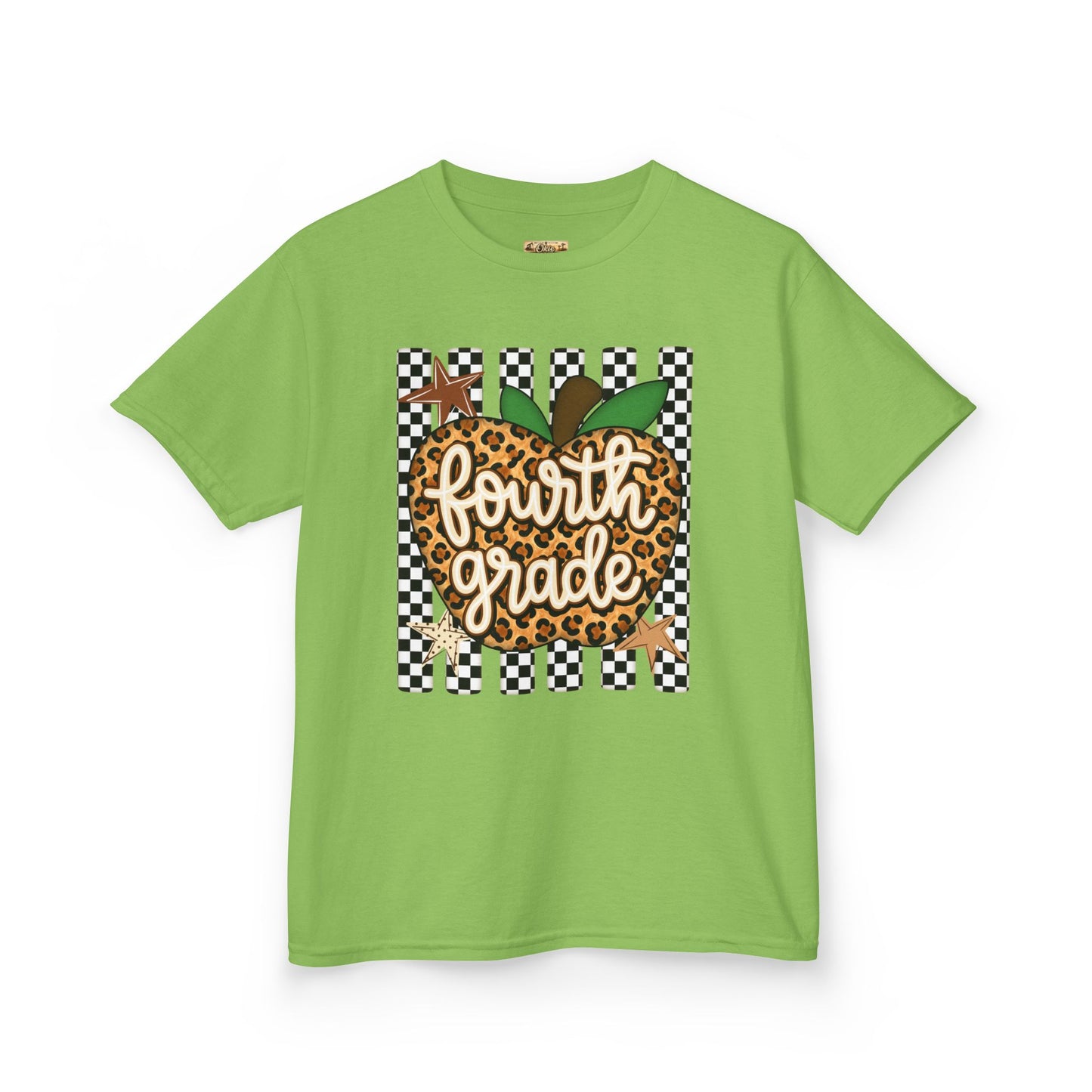 Fourth Grade Apple Kids T‑Shirt — Leopard & Checkerboard Back-to-School Tee