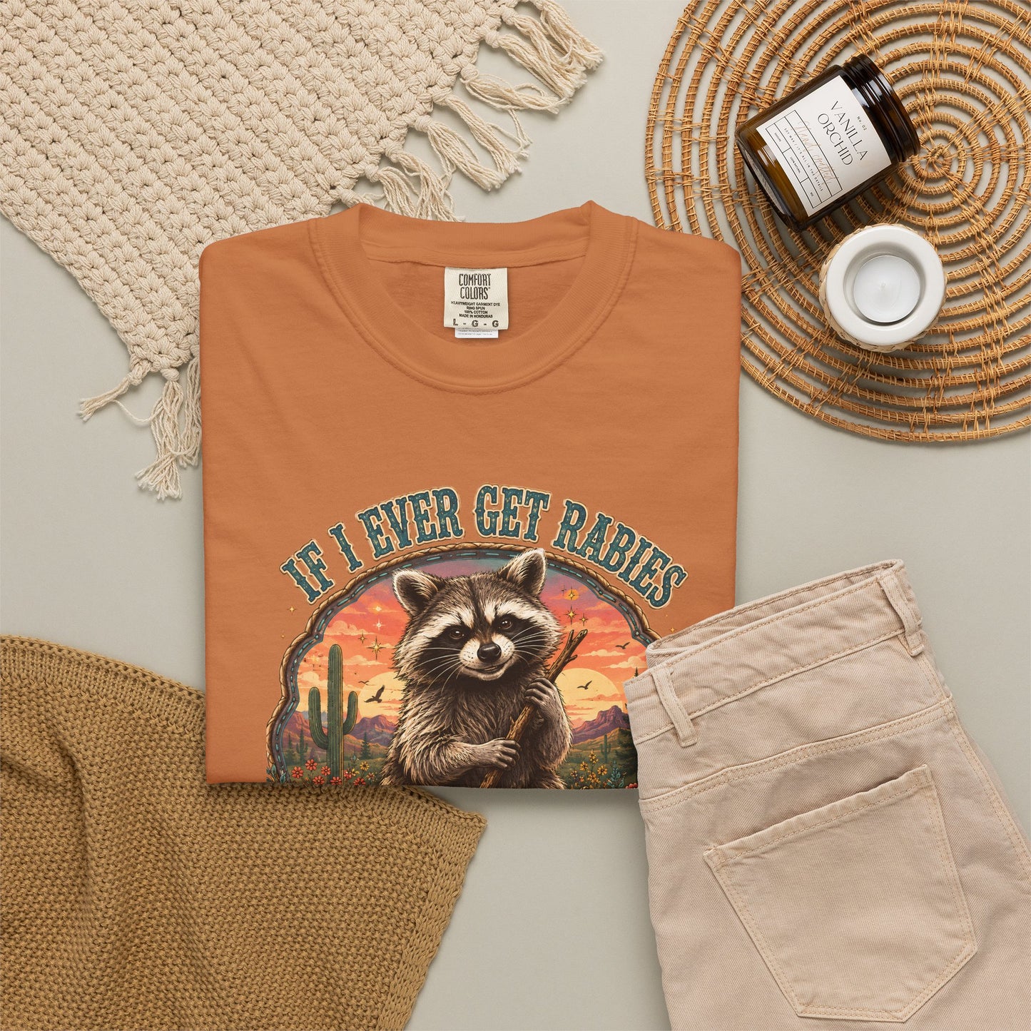 Raccoon Sunset T‑Shirt — “If I Ever Get Riches You’re High On My Bitin’ List” Funny Retro Graphic Tee