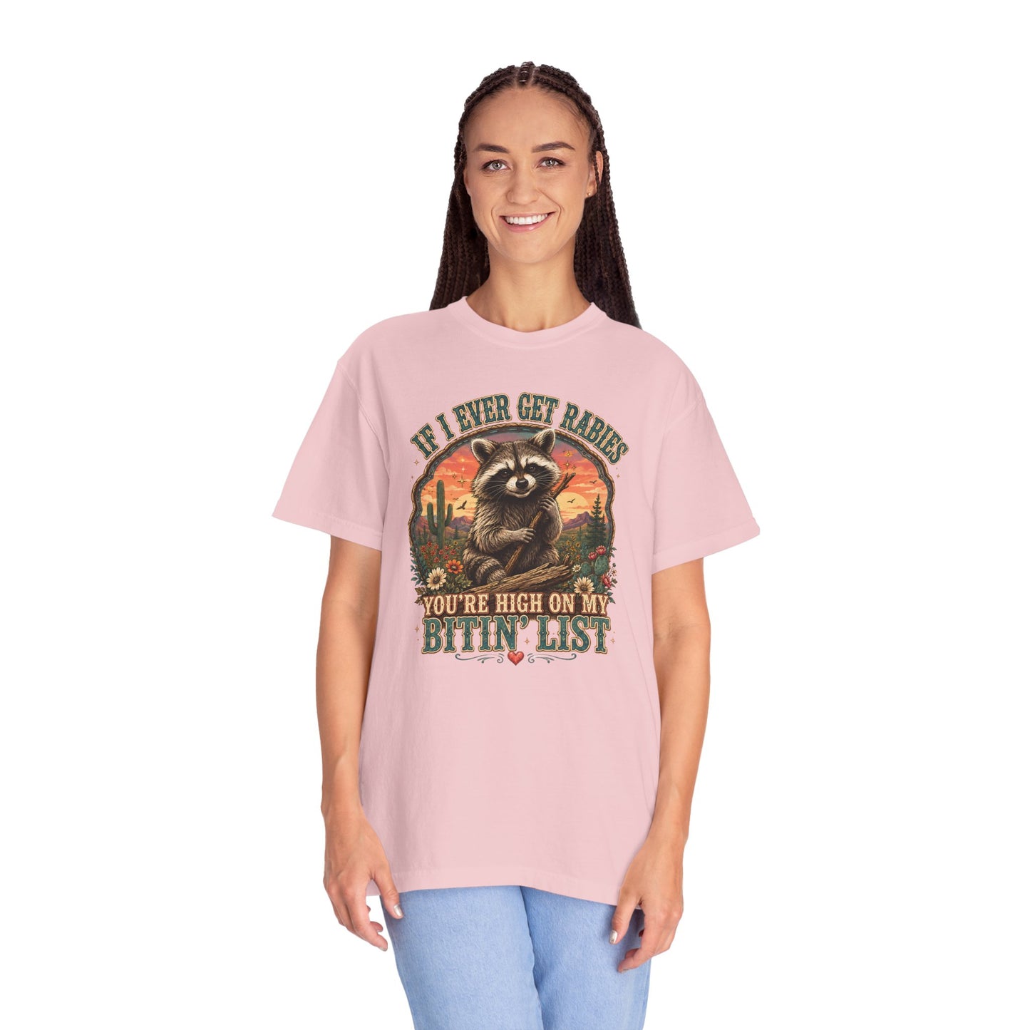 Raccoon Sunset T‑Shirt — “If I Ever Get Riches You’re High On My Bitin’ List” Funny Retro Graphic Tee