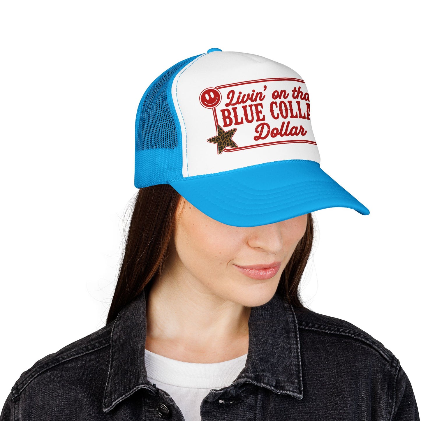 Livin' On That Blue Collar Dollar Foam Trucker Hat — Retro Workwear Cherry Patch