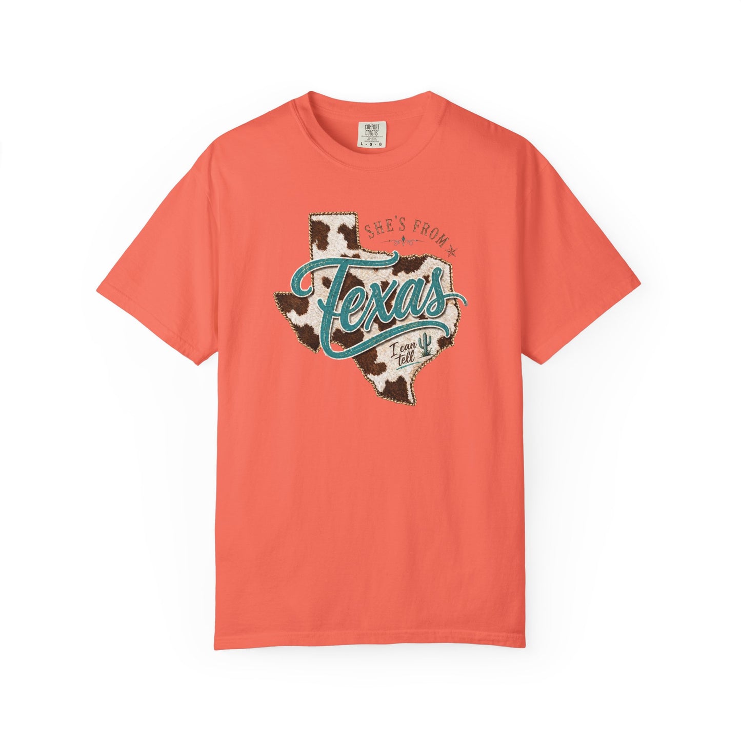 Texas Cowhide Graphic T-Shirt — "She's From Texas" Retro Western Tee