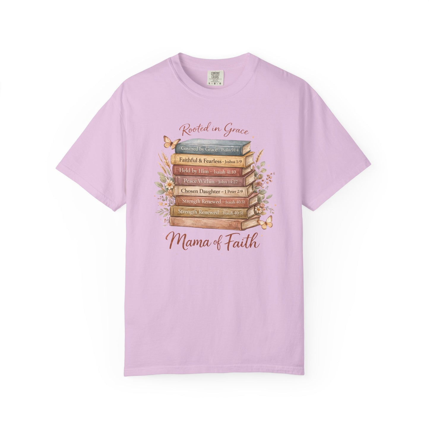 Mama of Faith Book Stack T‑Shirt — Rooted in Grace Christian Mother's Tee