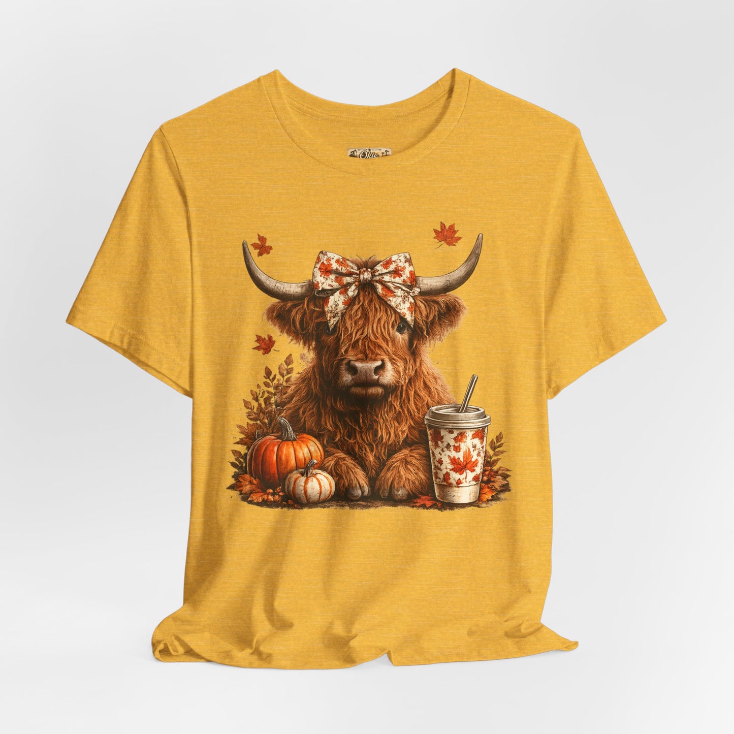 Autumn Highland Cow Tee — Fall Pumpkin Latte Graphic T-Shirt
