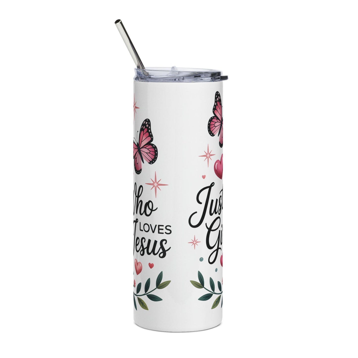 20oz Stainless Tumbler — 'Just a Girl' Floral Cross & Butterfly Design