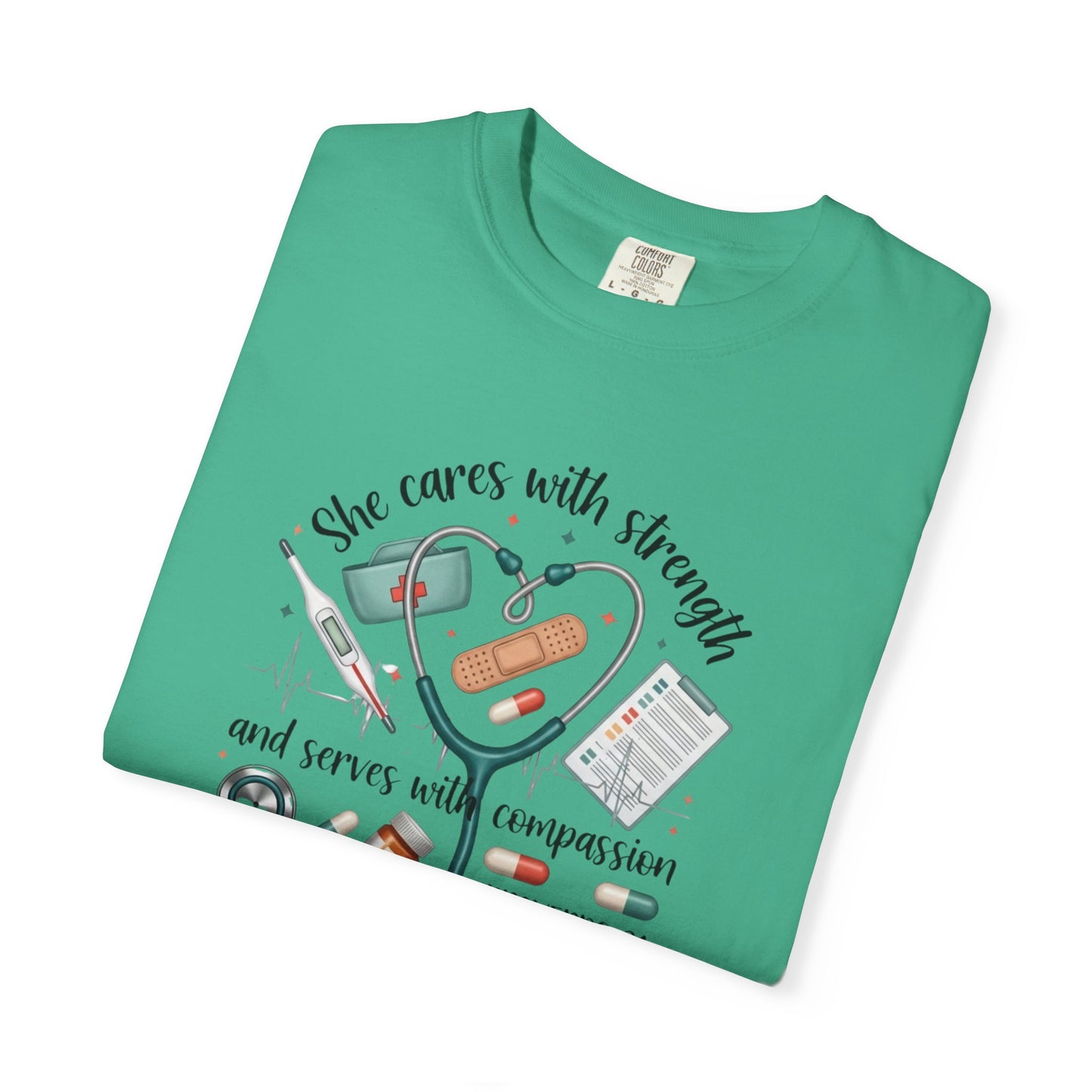 Nurse Heartbeat Graphic T-Shirt — "She Cares with Strength" Psalm 31 Christian Tee