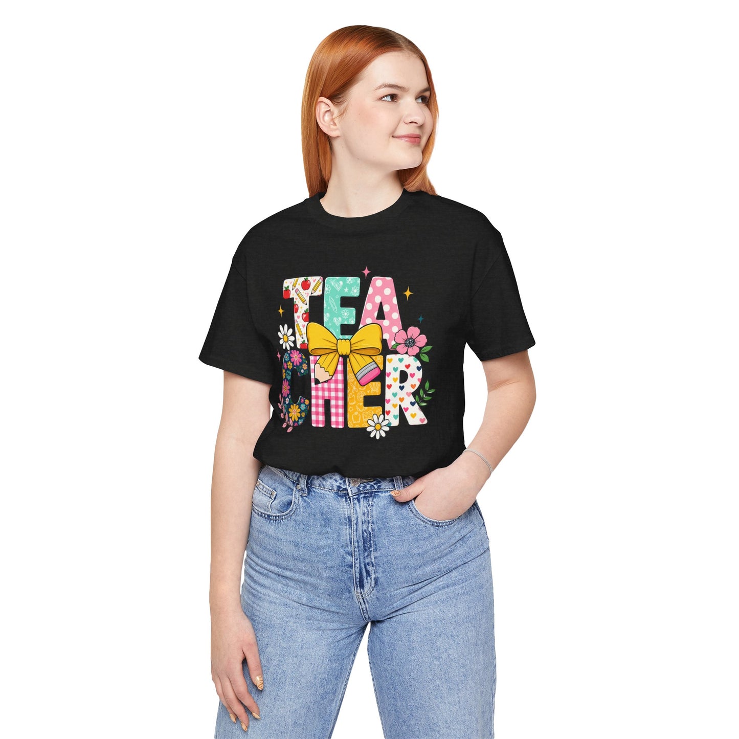 Teacher Floral Bow T-Shirt — Cute 'Teach er' Colorful School Shirt for Teachers
