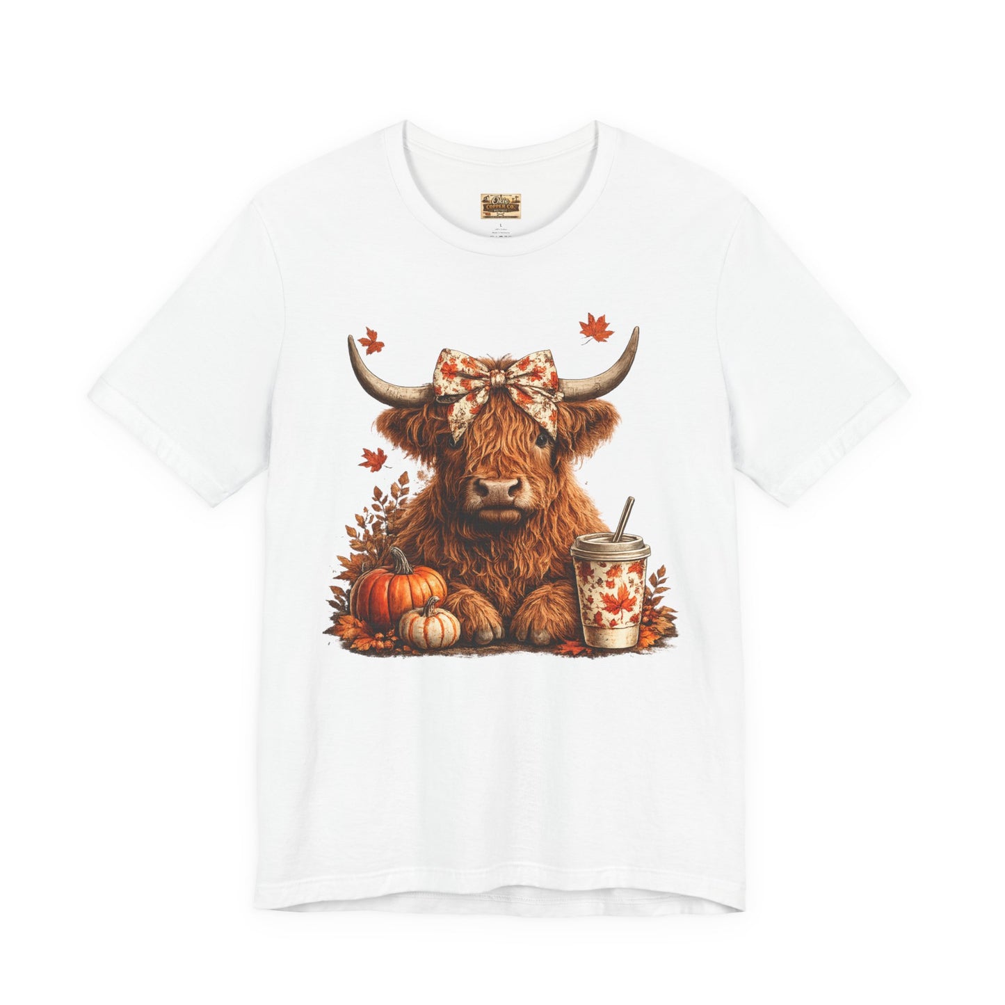 Autumn Highland Cow Tee — Fall Pumpkin Latte Graphic T-Shirt