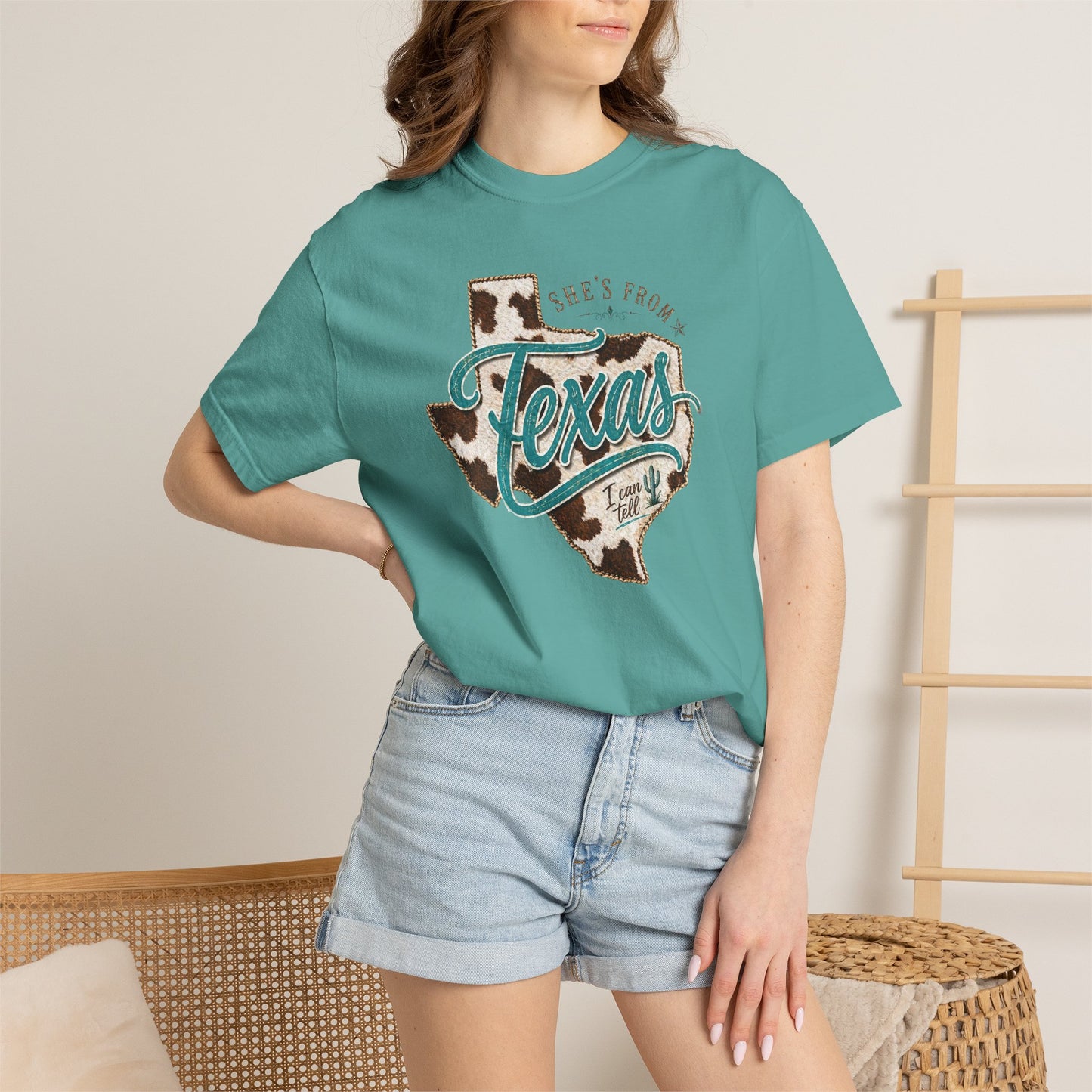 Texas Cowhide Graphic T-Shirt — "She's From Texas" Retro Western Tee